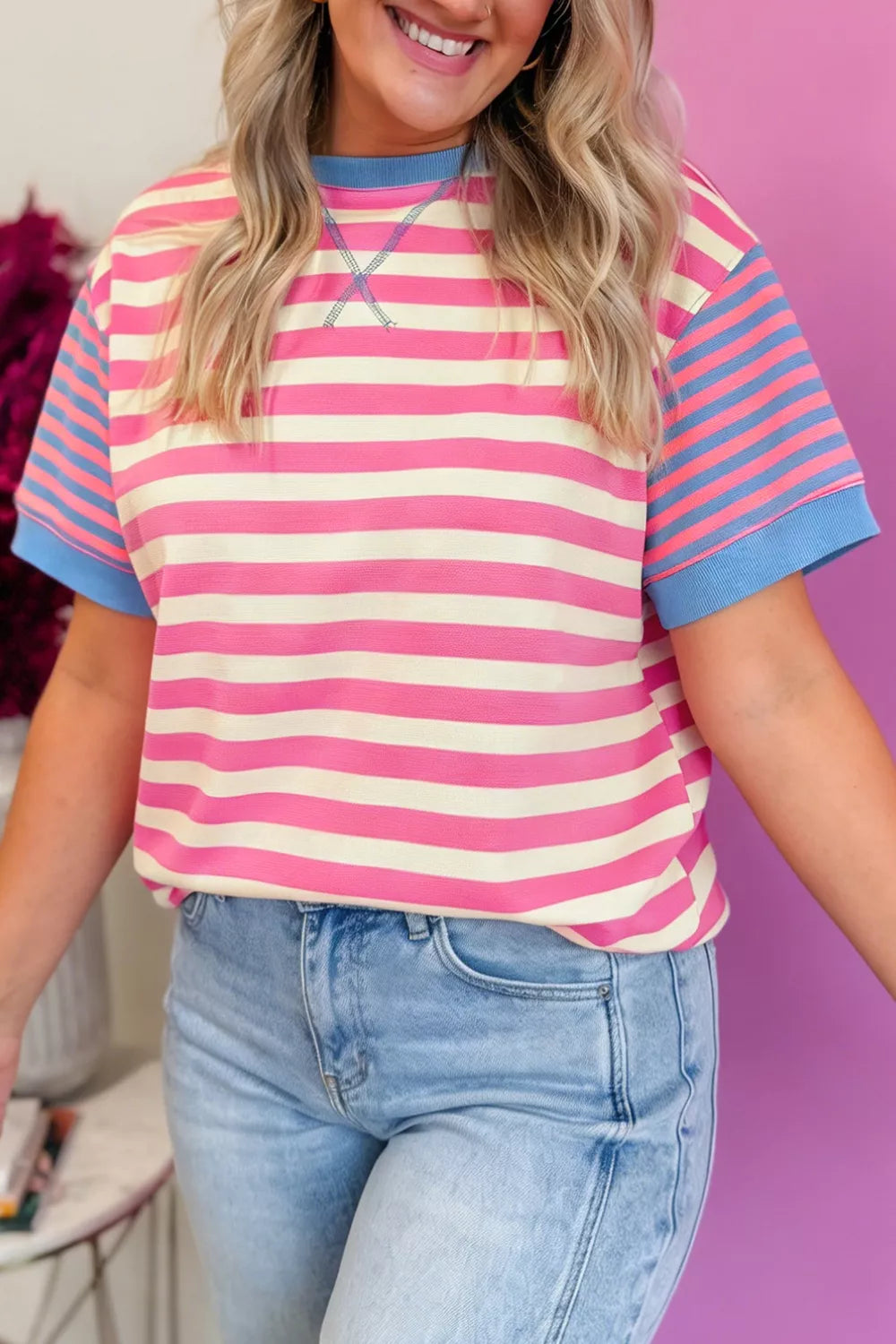 Stripe Contrast Patchwork Short Sleeve Loose Tee Secondary image