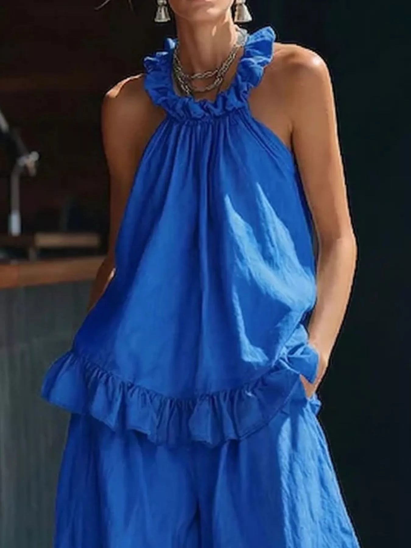 Full Size Ruffled Halter Neck Top and Wide-Leg Pants Set Plus Size Secondary image