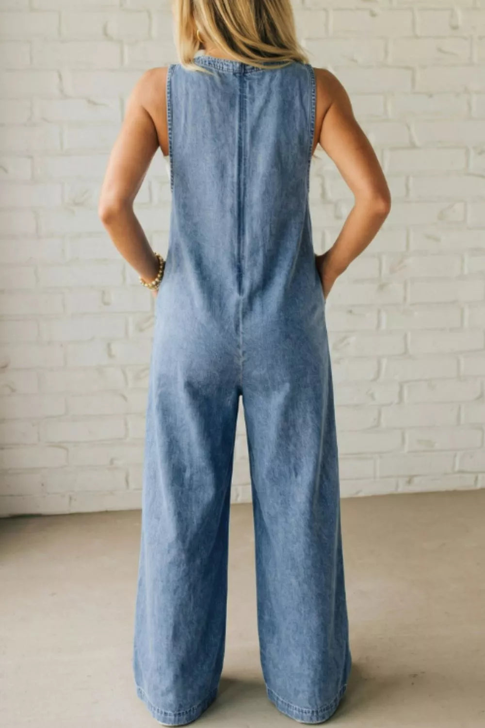 Acid Wash Pintuck Tie V Neck Denim Wide Leg Jumpsuit Secondary image