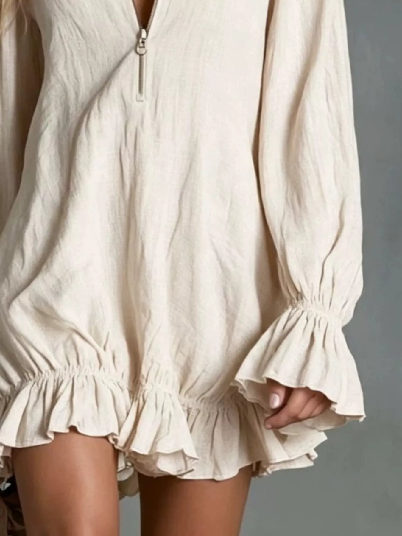 Zipper Front Ruffle Hem Flounce Sleeve Mini Dress Secondary image