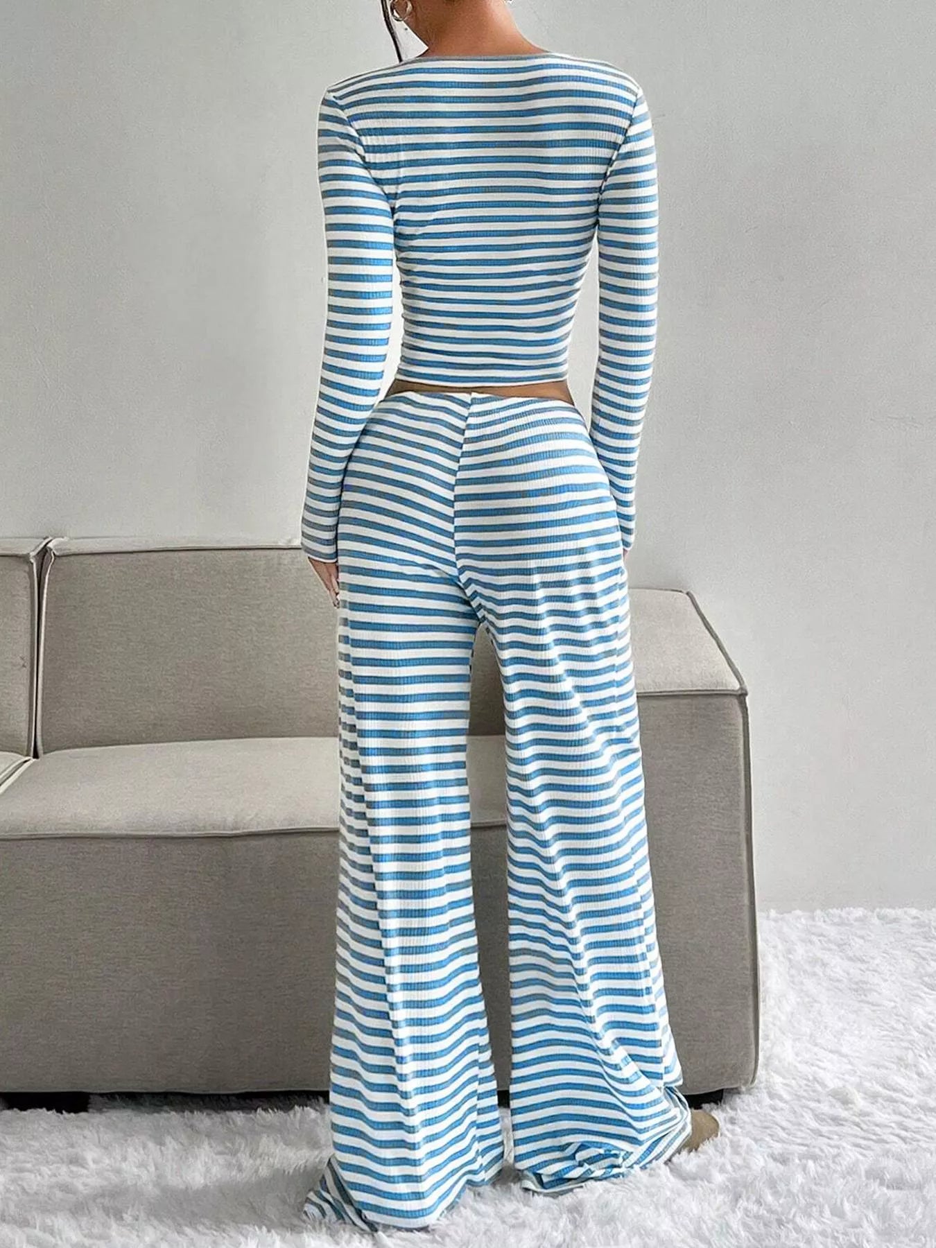 Striped Long Sleeve Crop Top & Wide Leg Pants Set Secondary image