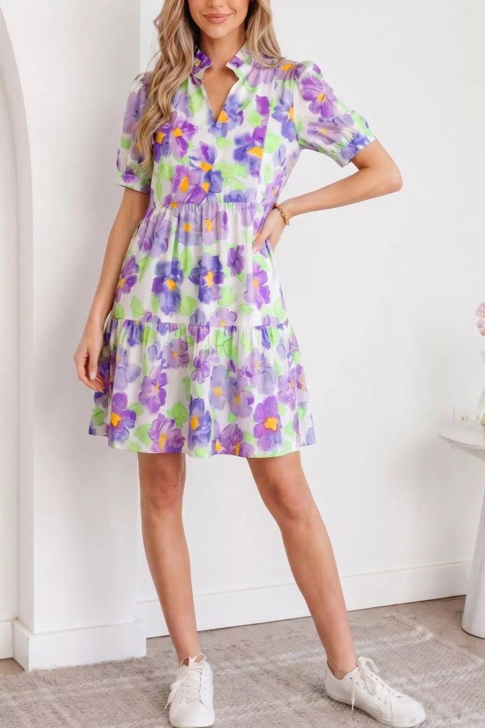 Floral V Collar Short Sleeve Tiered Ruffle Mini Dress Secondary image