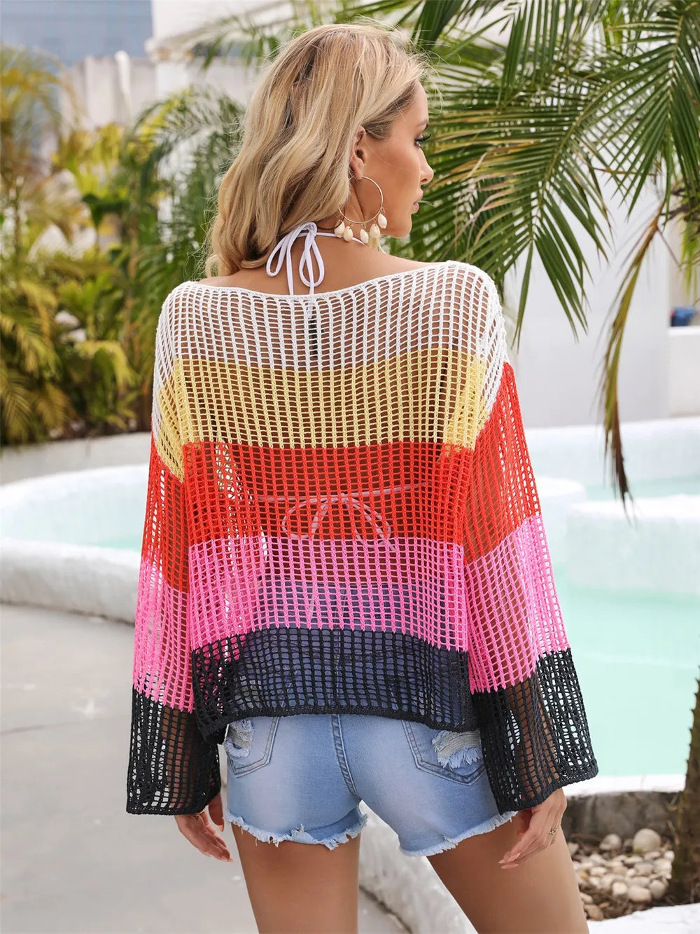 Angel Wings Color Block Openwork Boat Neck Cover Up Secondary image