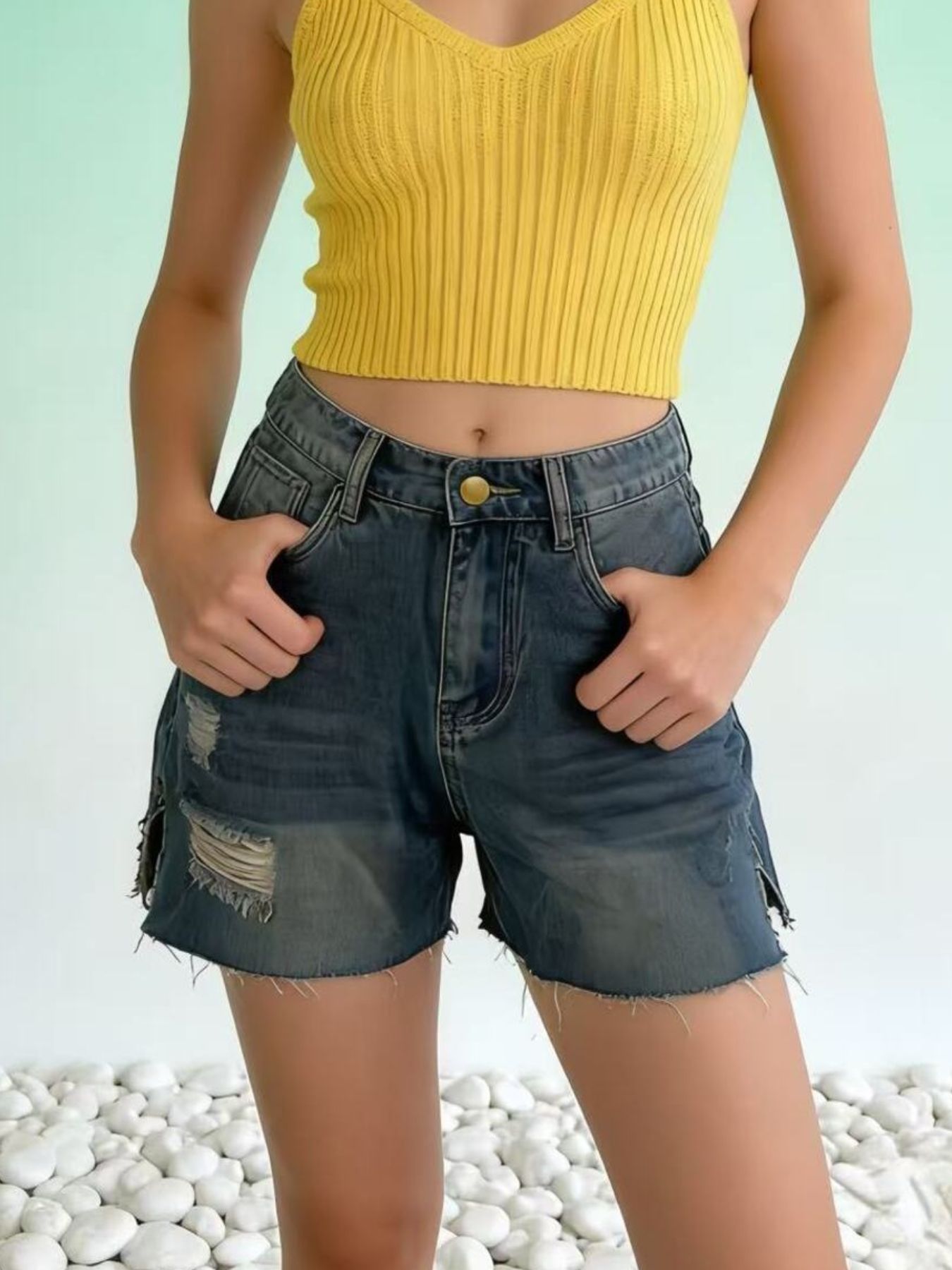 Distressed Slit Denim Shorts Secondary image