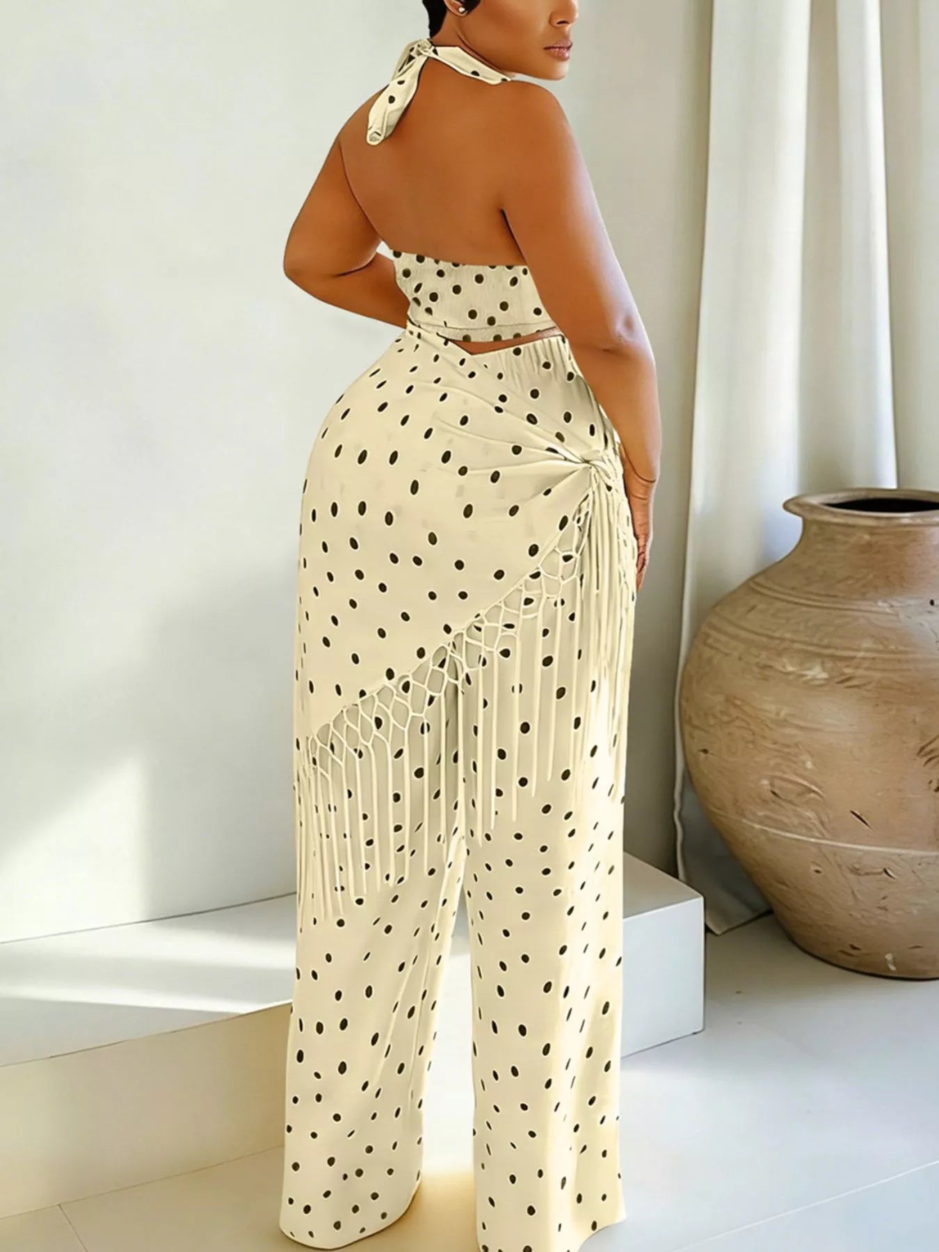 Polka Dot Halter Neck Cami and Fringe Trim Pants Set Secondary image