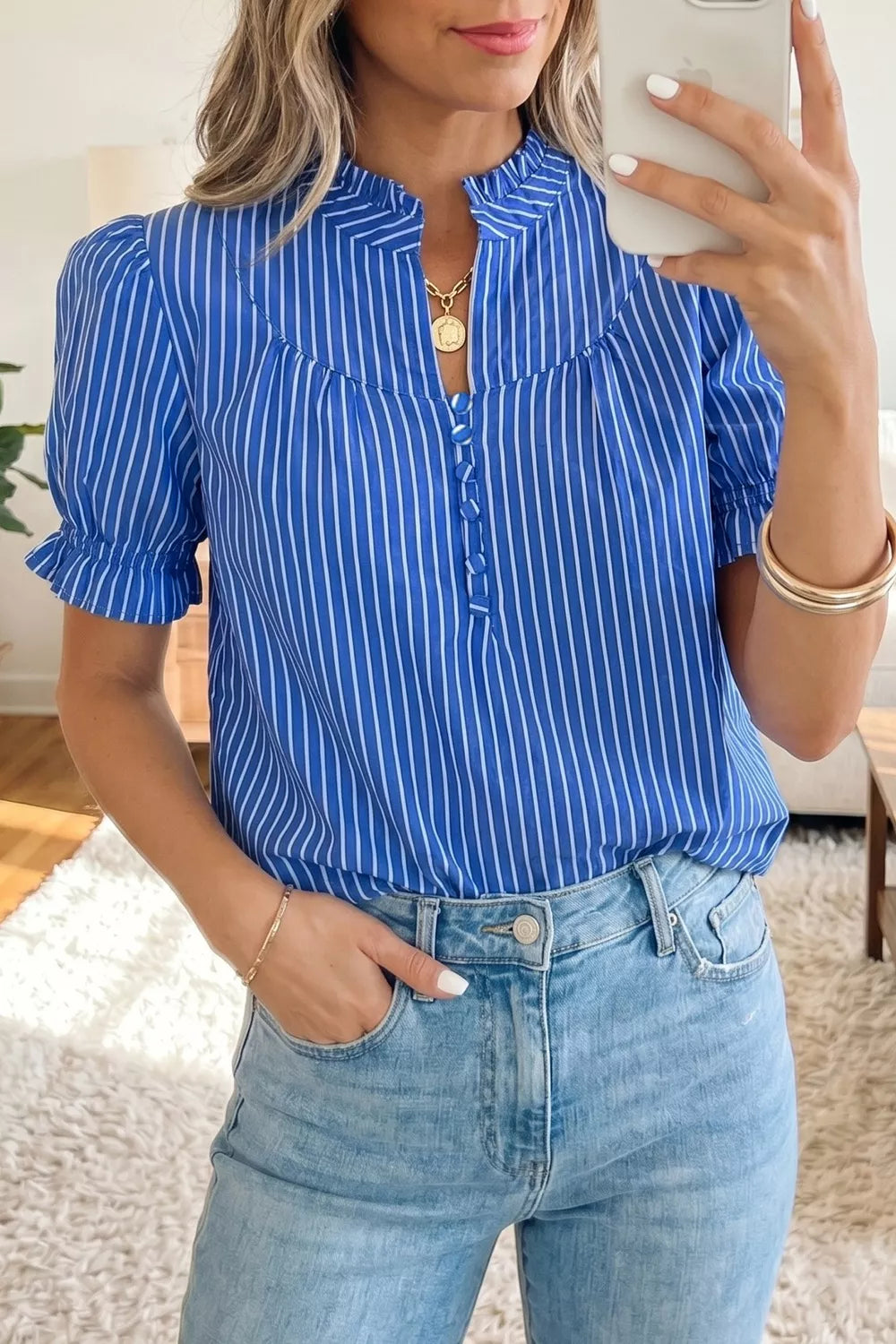 Stripe Ruffled Short Puff Sleeve Button Front Blouse Secondary image