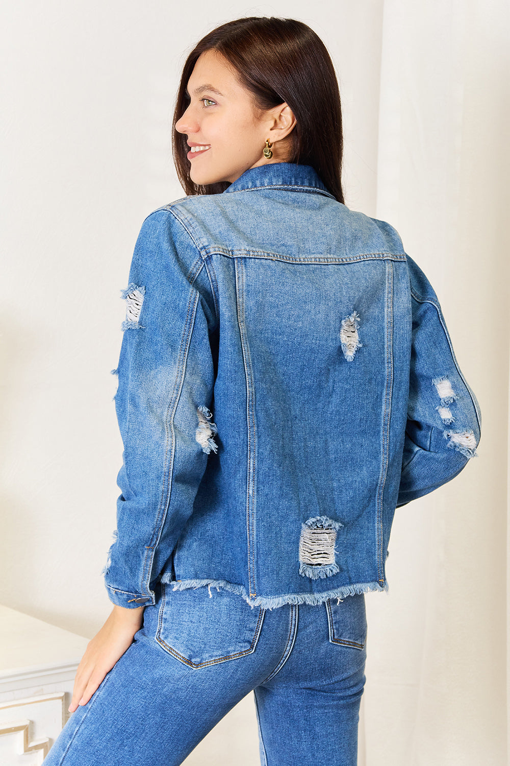 Baeful Leopard Floral Distressed Raw Hem Denim Jacket Secondary image