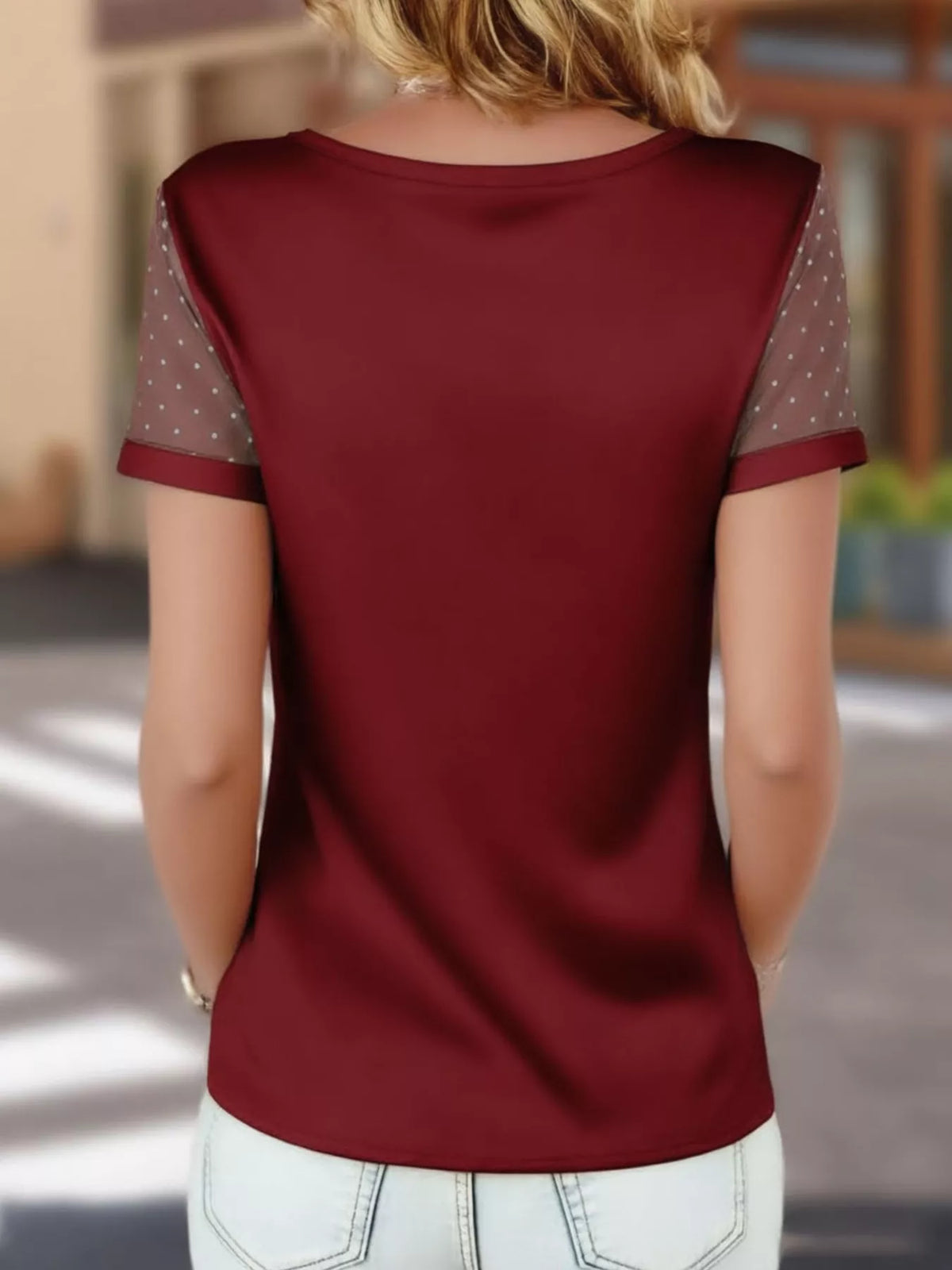 Satin V-Neck Sheer Short Sleeve Top - photo 13