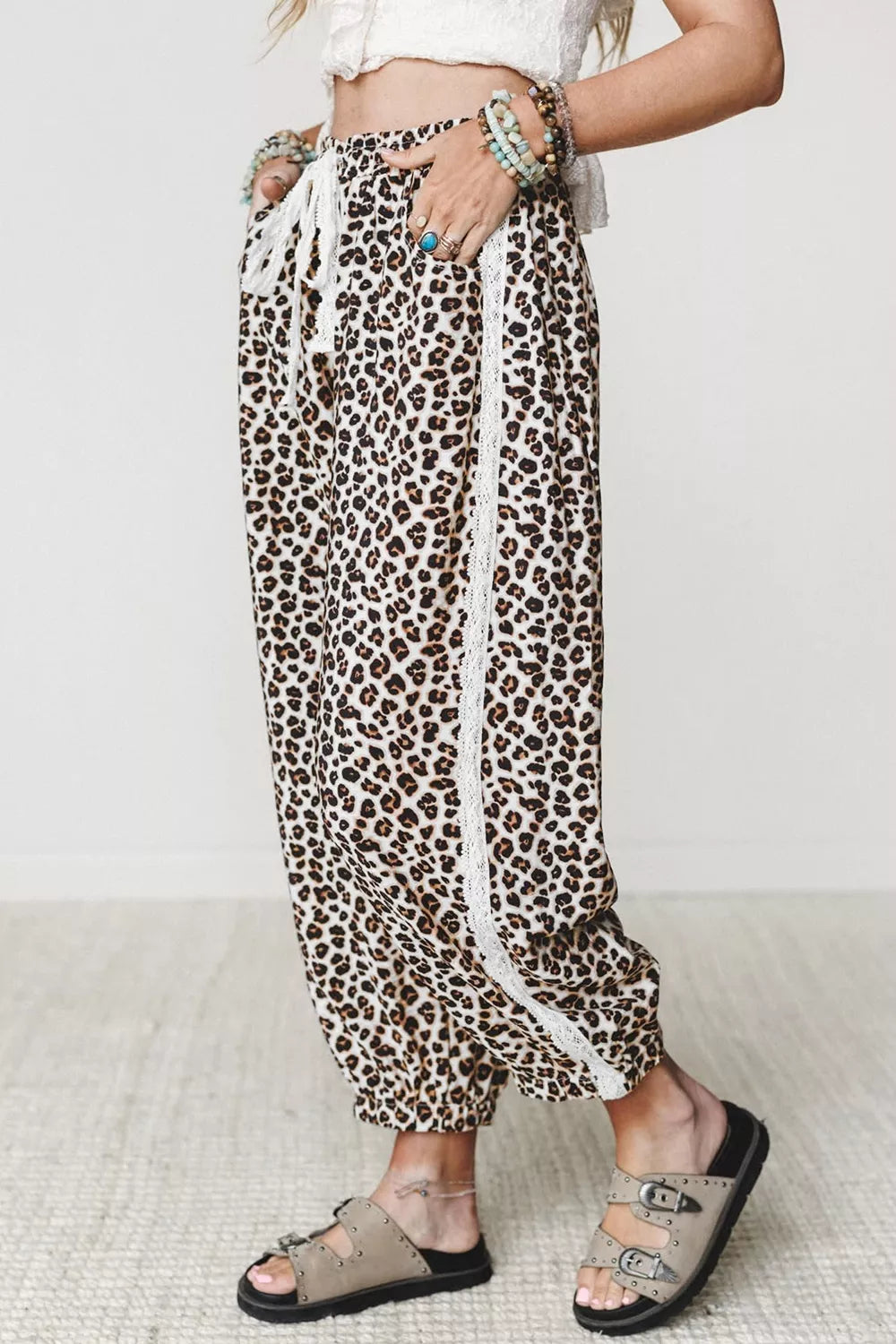 Leopard Print Ankle-Length Elastic Waist Pants Secondary image