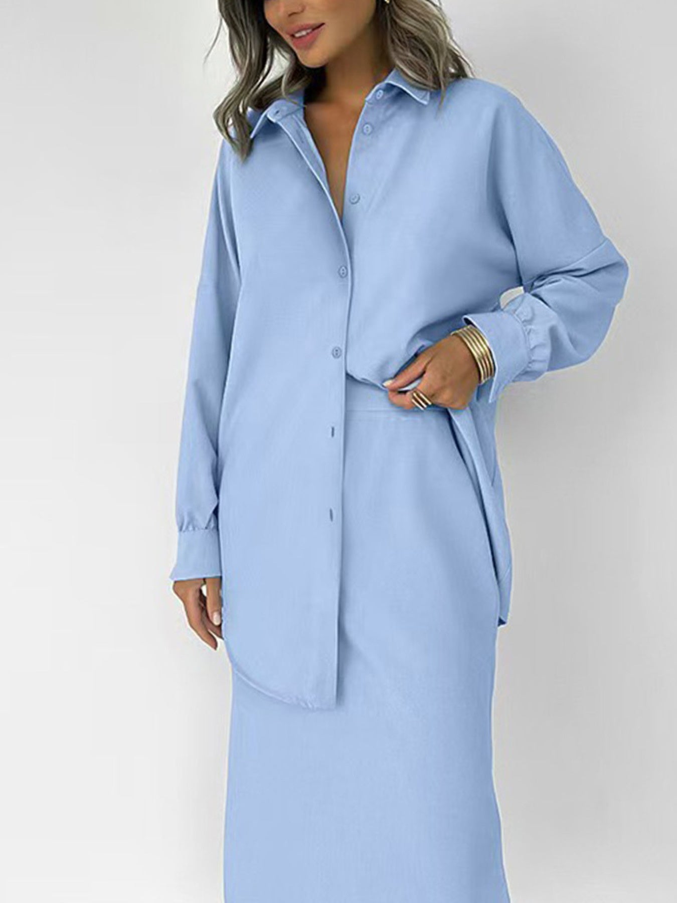 Long Sleeve Shirt and Slit Midi Skirt Set Secondary image