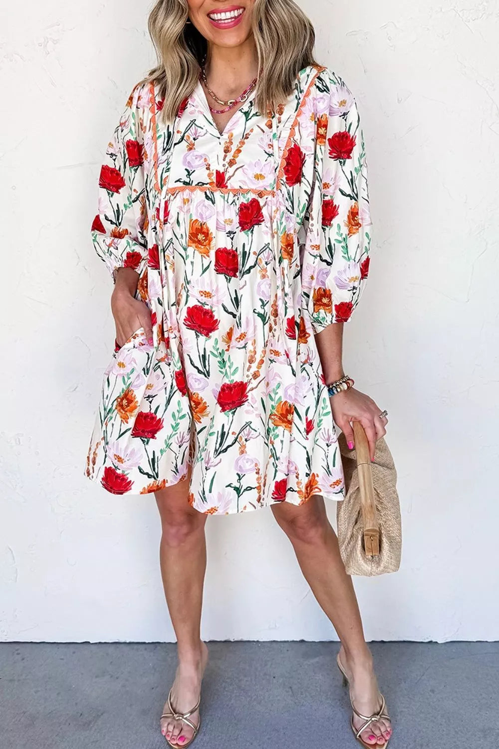 Floral Print 3/4 Puff Sleeve Ricrac Trim Mini Dress Secondary image