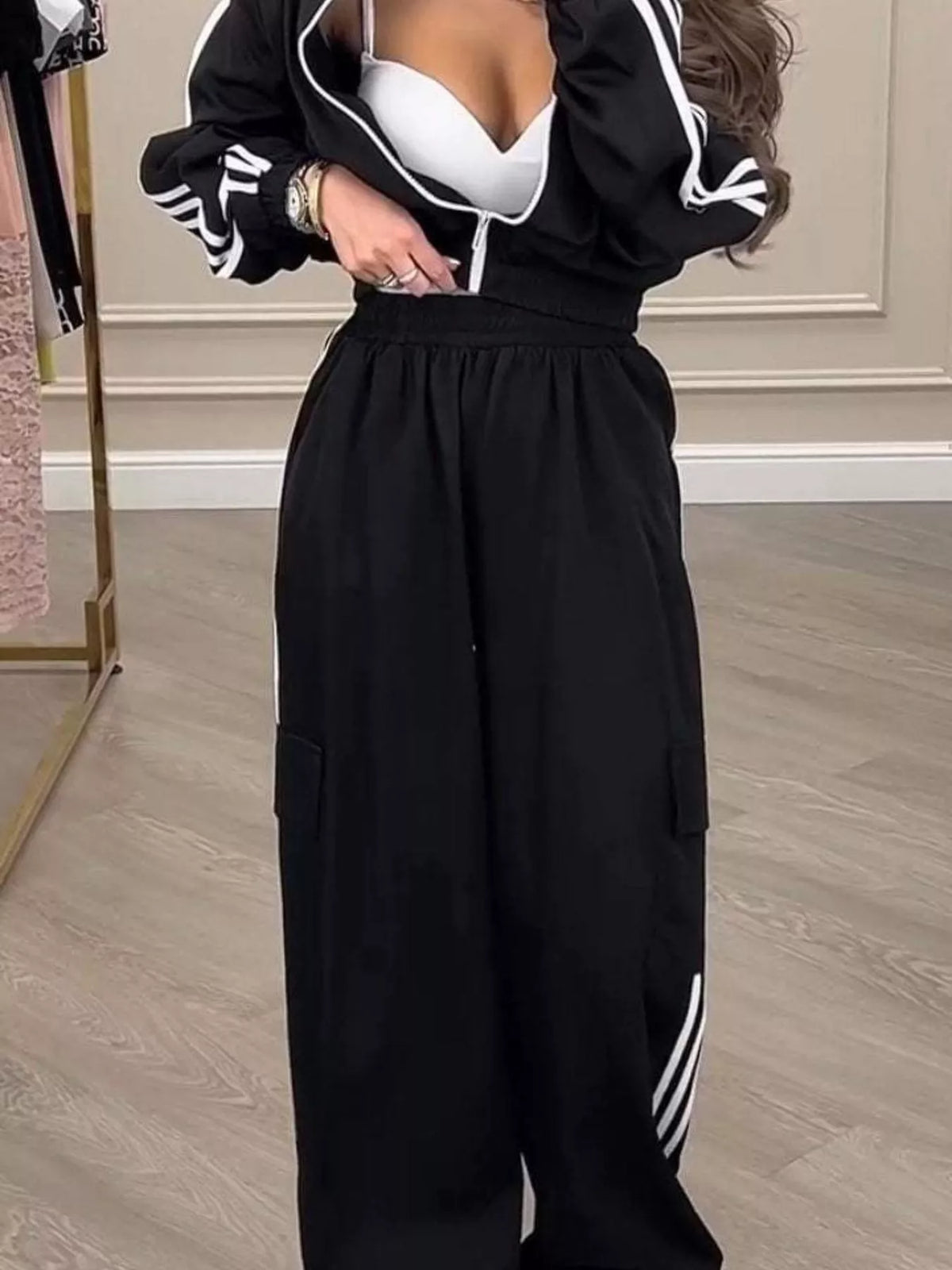 Full Size Side Striped Zip Up Outerwear and Pants Set Plus Size - photo 5