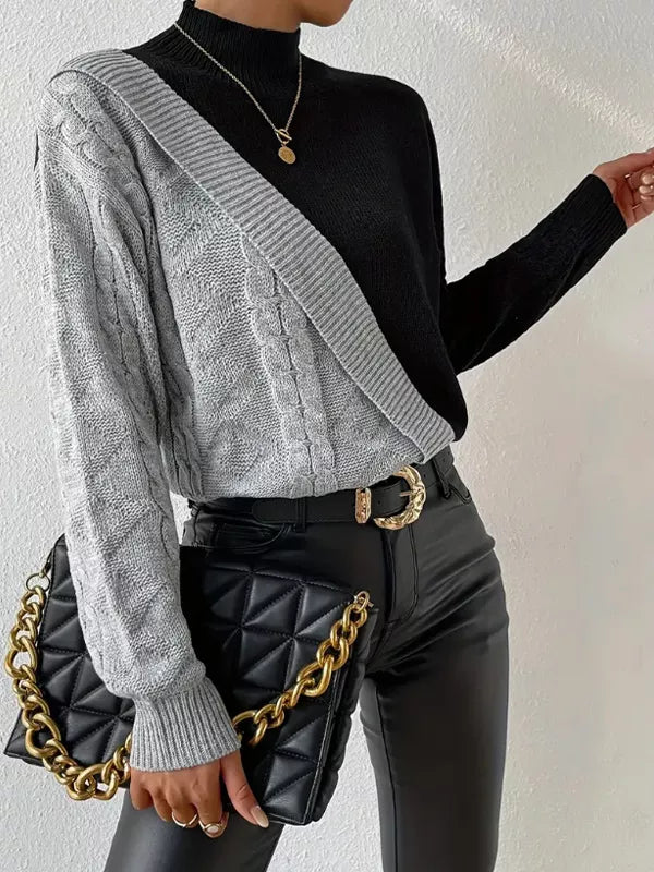 Color Block Cable Knit Mock Neck Sweater Secondary image