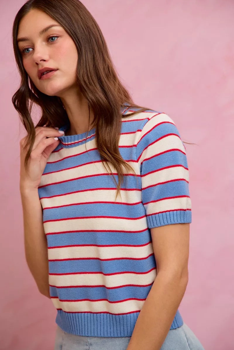 SO ME Stripe Knit Crew Neck Short Sleeves Sweater Top Secondary image