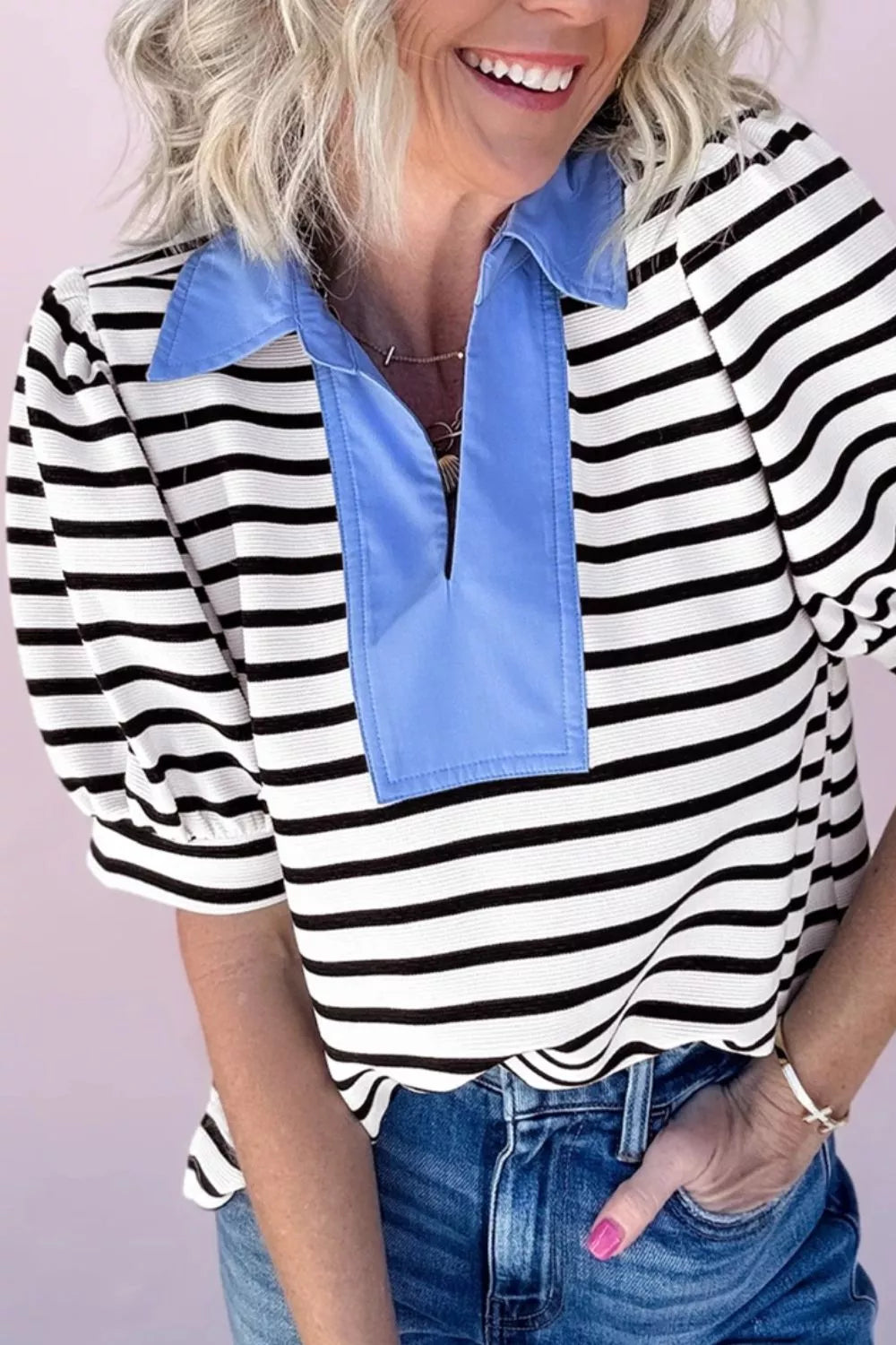 Striped Puff Sleeve Blouse with Contrast Collar Secondary image