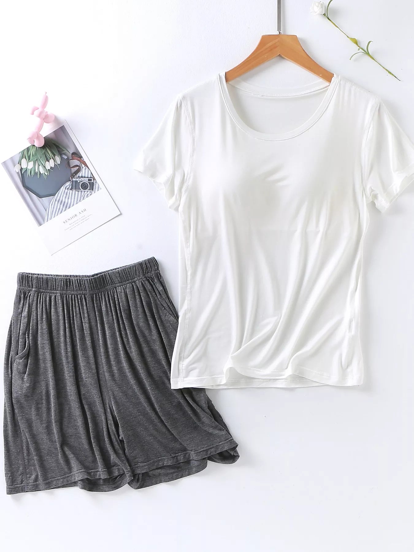 Plus Size Padded Round Neck Modal T-Shirt and Shorts Set Secondary image