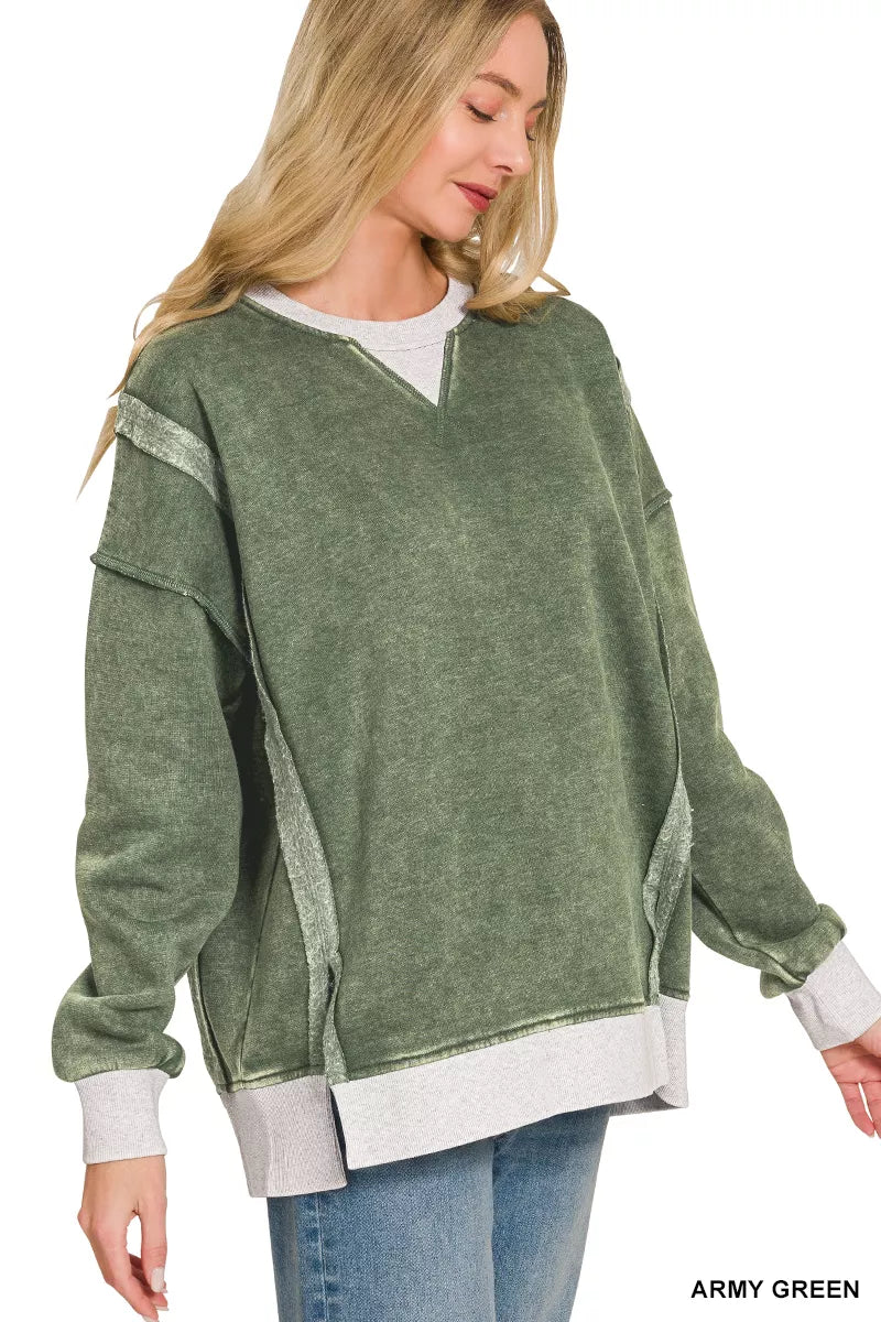 Zenana Fleece Acid Washed Contrast Trim Sweatshirt Secondary image