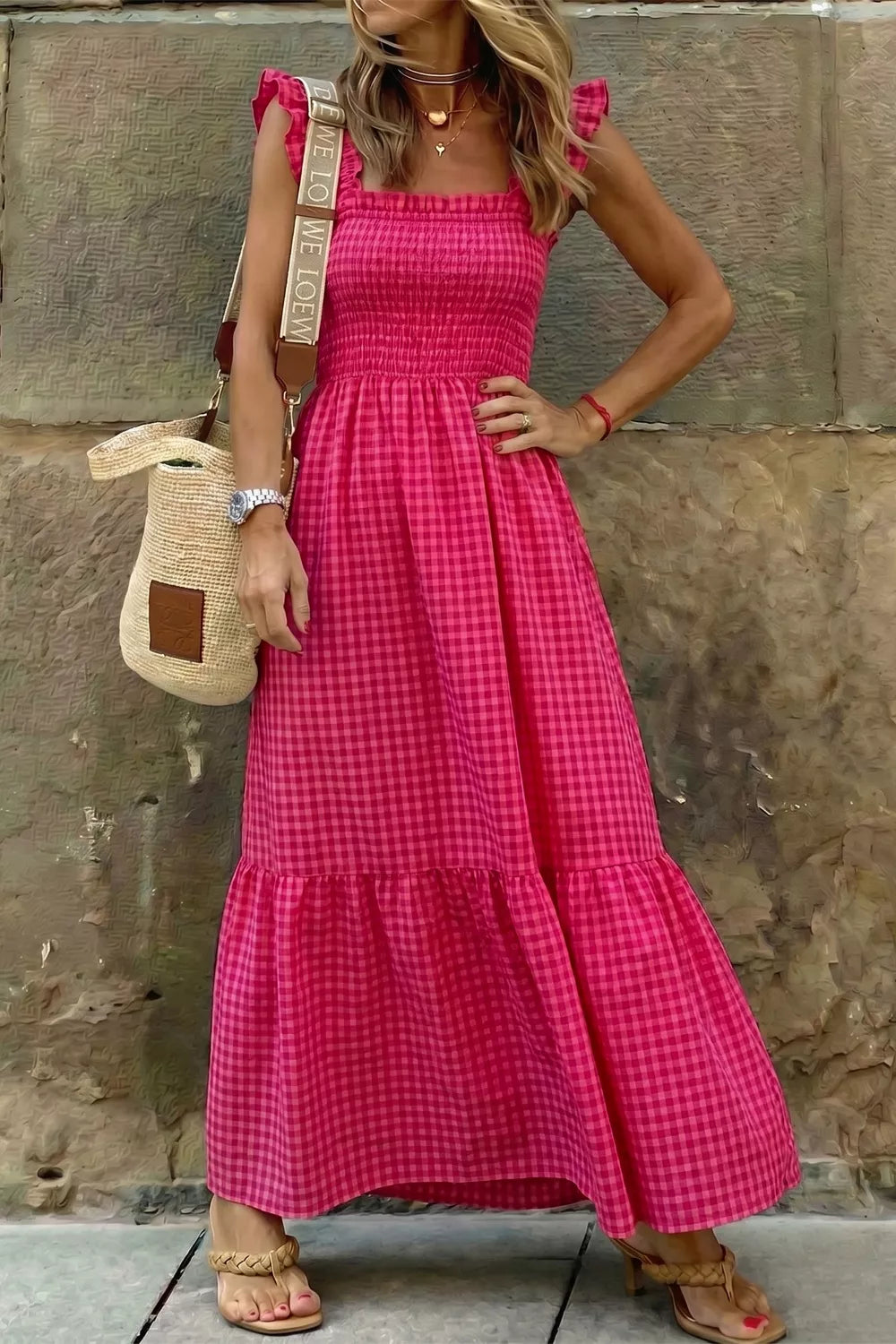 Plaid Square Neck Fit-and-flared Vacation Sundress Secondary image