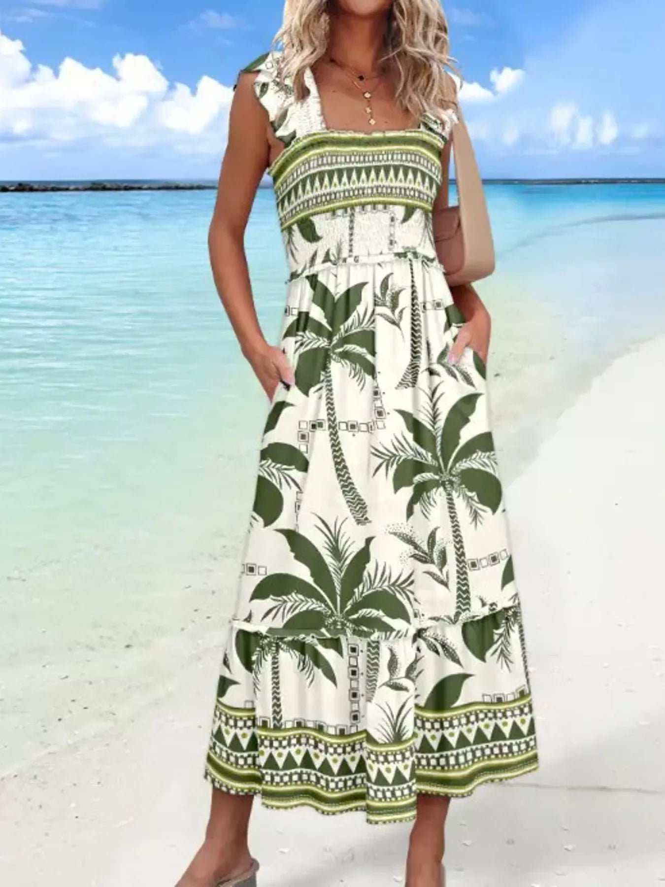 Tropical Palm Print Square Neck Midi Dress Secondary image