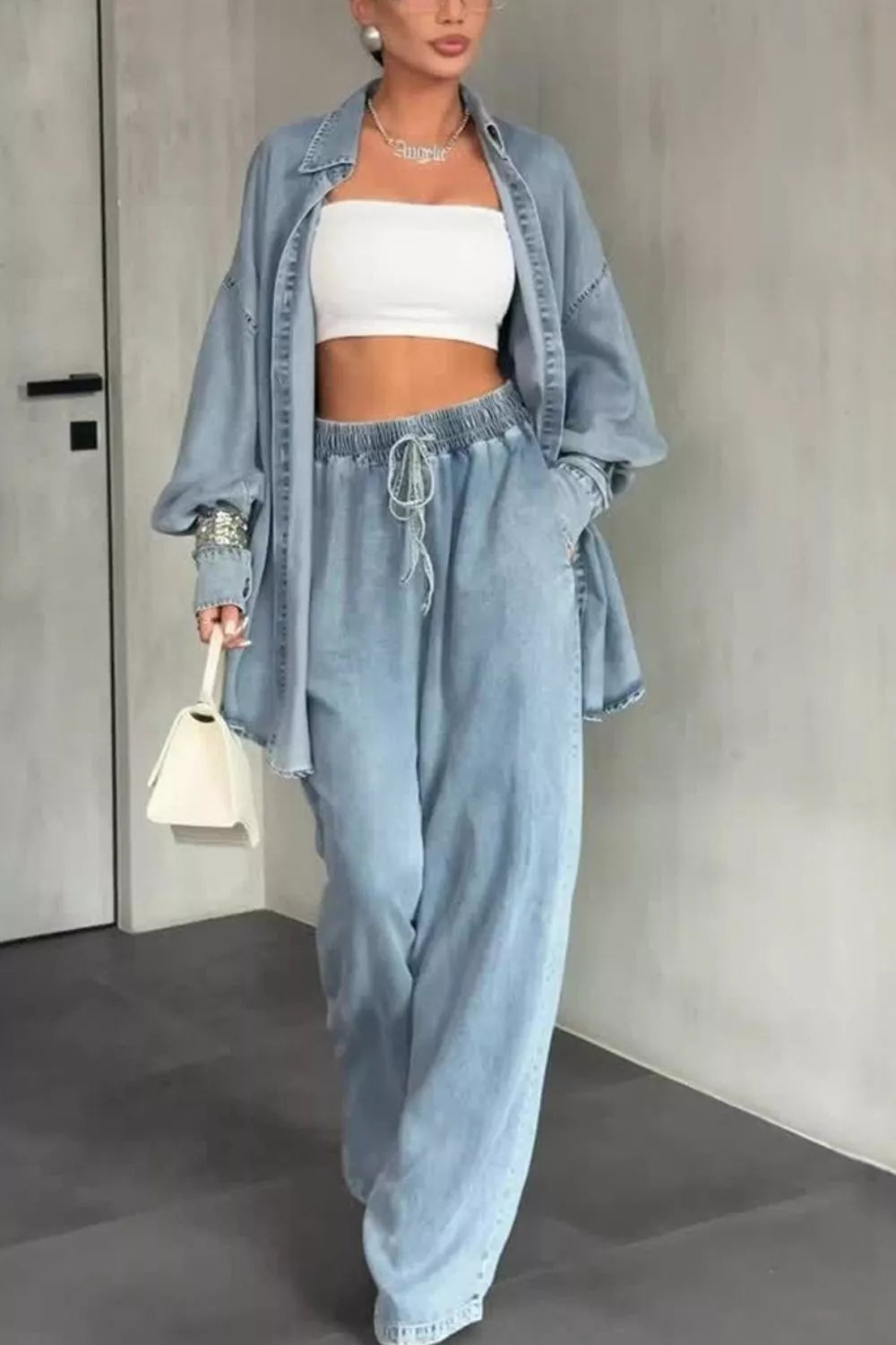 Wash Button Up Shirt and Wide-Leg Pants Denim Set Secondary image