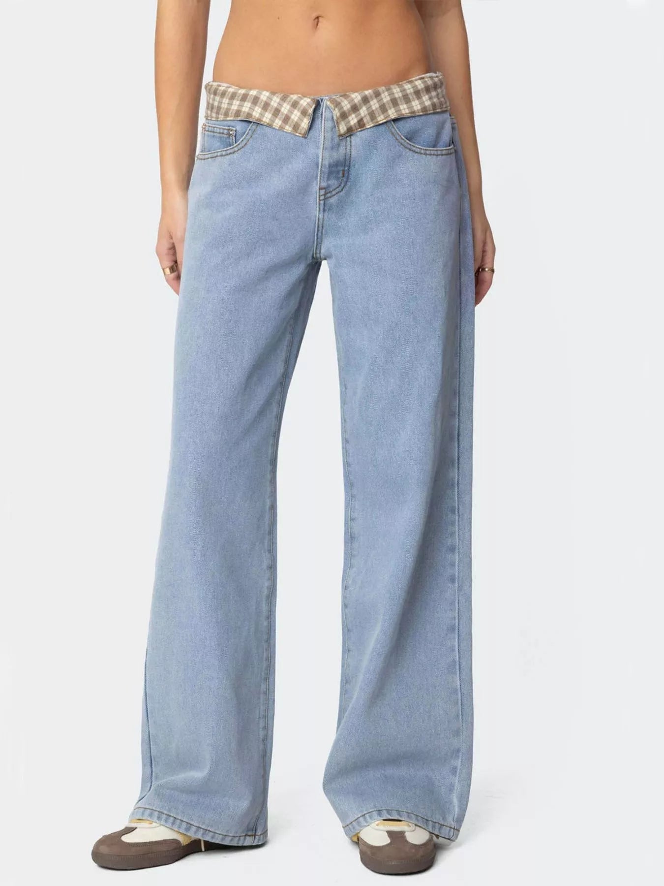 Plaid Trim Wide Leg Jeans Secondary image