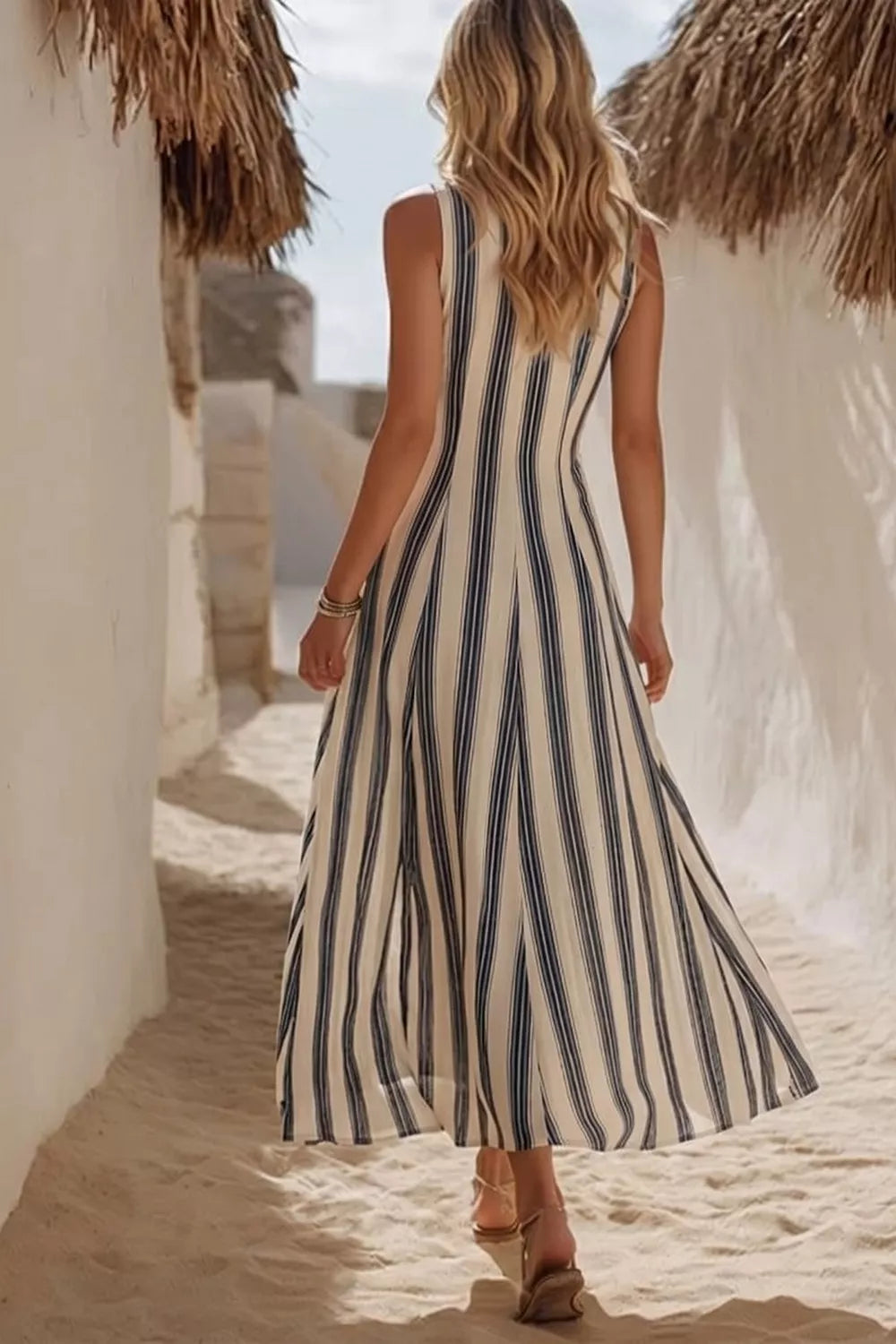 Striped V-Neck Sleeveless Midi Dress Secondary image