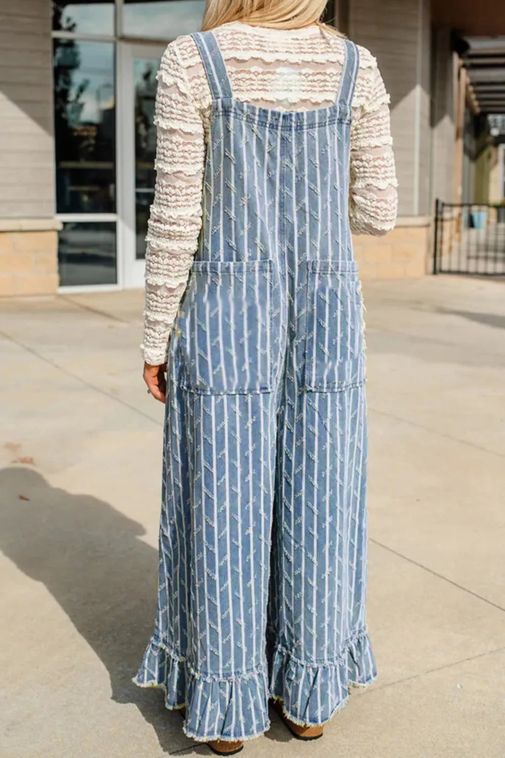 Striped Distressed Ruffled Wide Leg Denim Overalls Secondary image