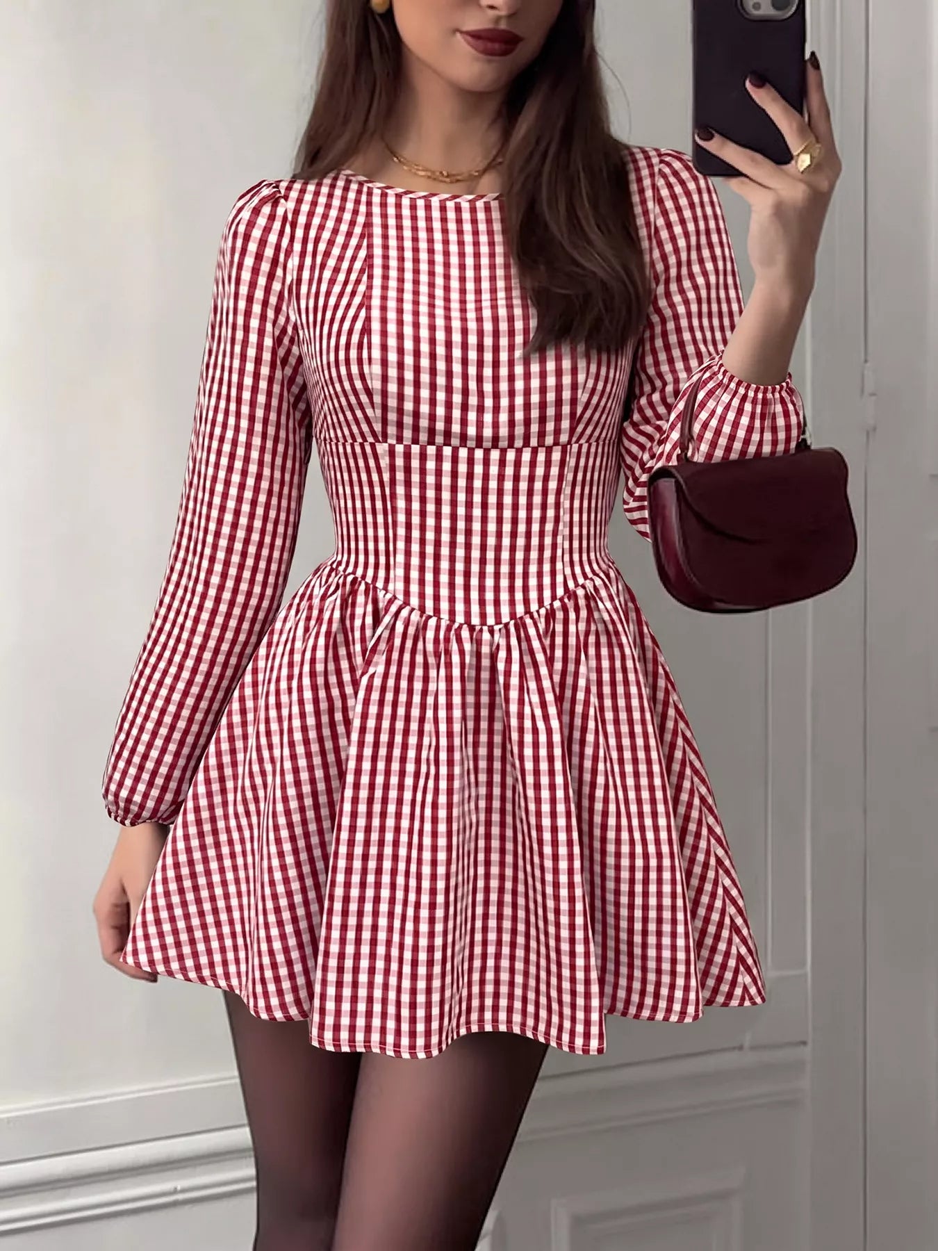 Backless Plaid Long Sleeve Dress Secondary image