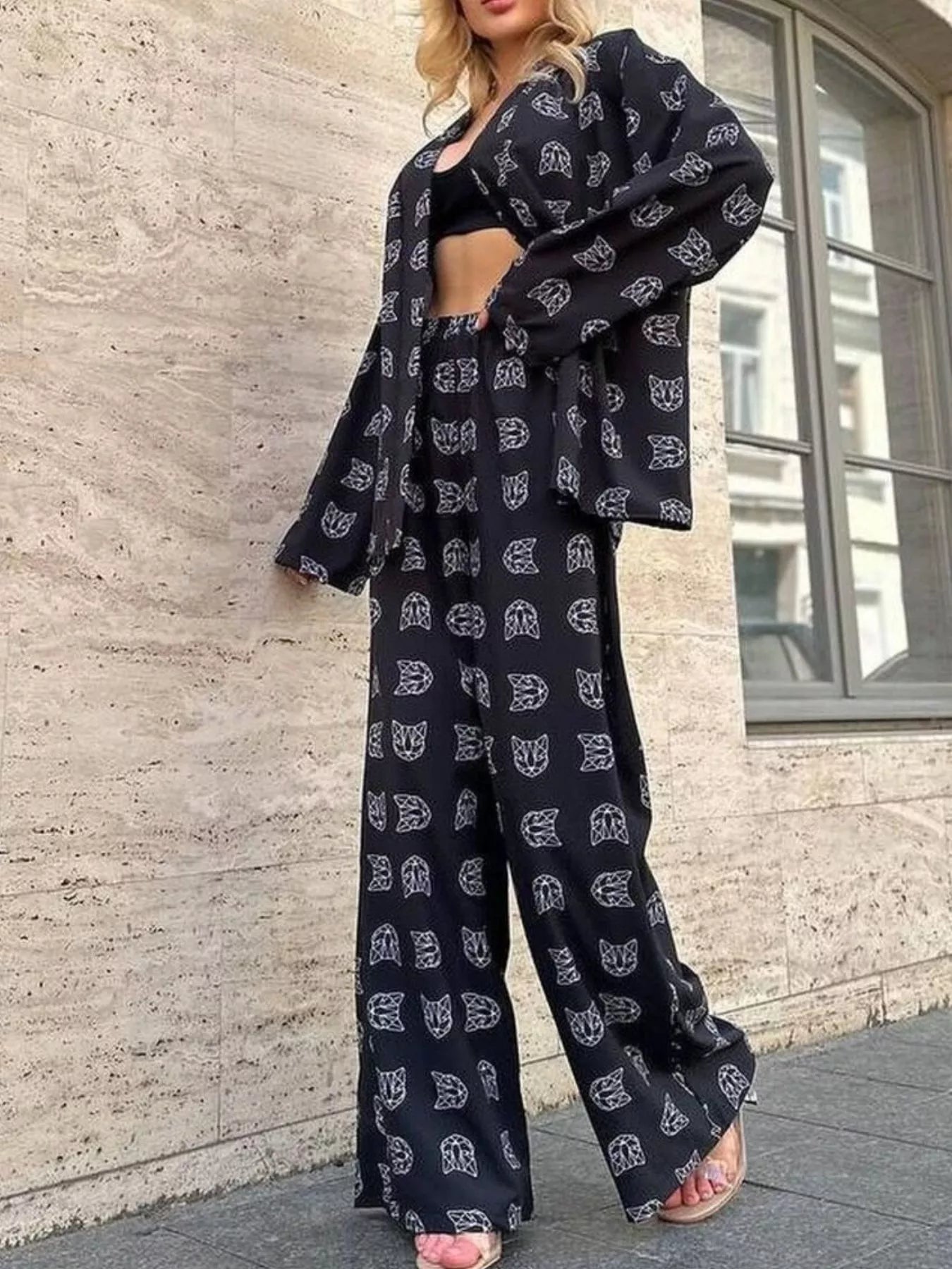 Open Front Cat Print Shirt and Pants Set Secondary image