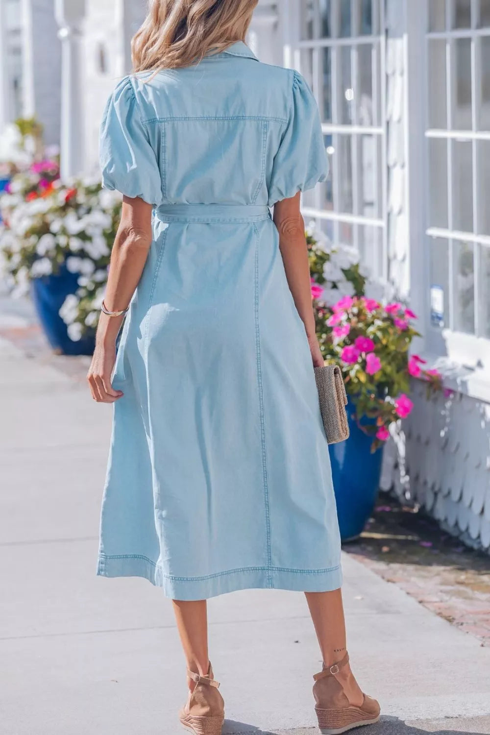Full Buttons Collared Short Bubble Sleeve Long Denim Dress Secondary image