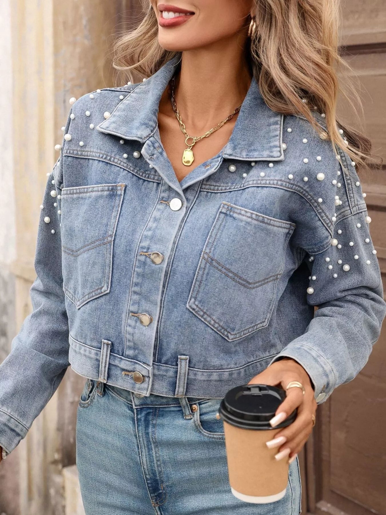 Pearl Embellished Cropped Denim Jacket Secondary image