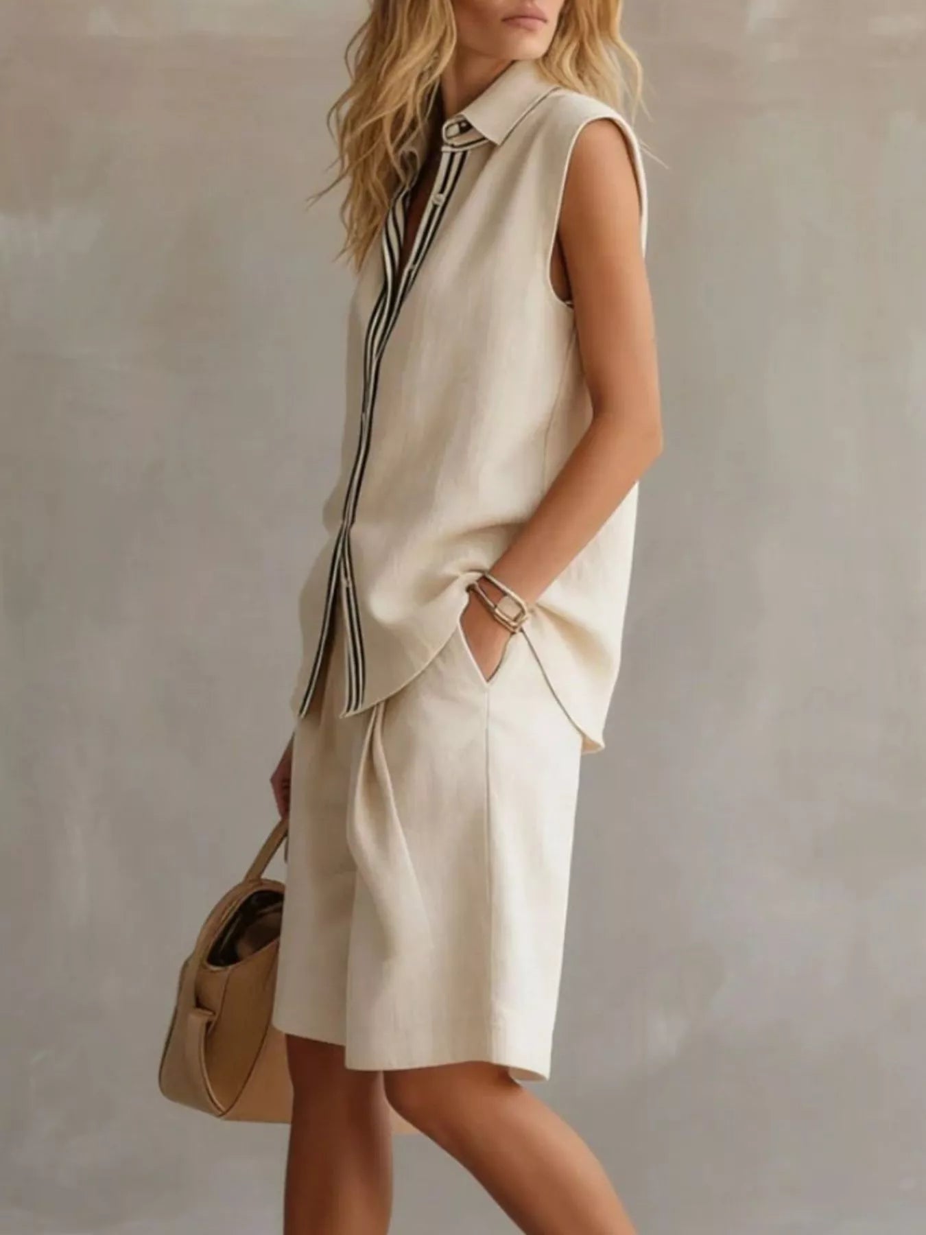 Sleeveless Button Up Top and Shorts Set Secondary image