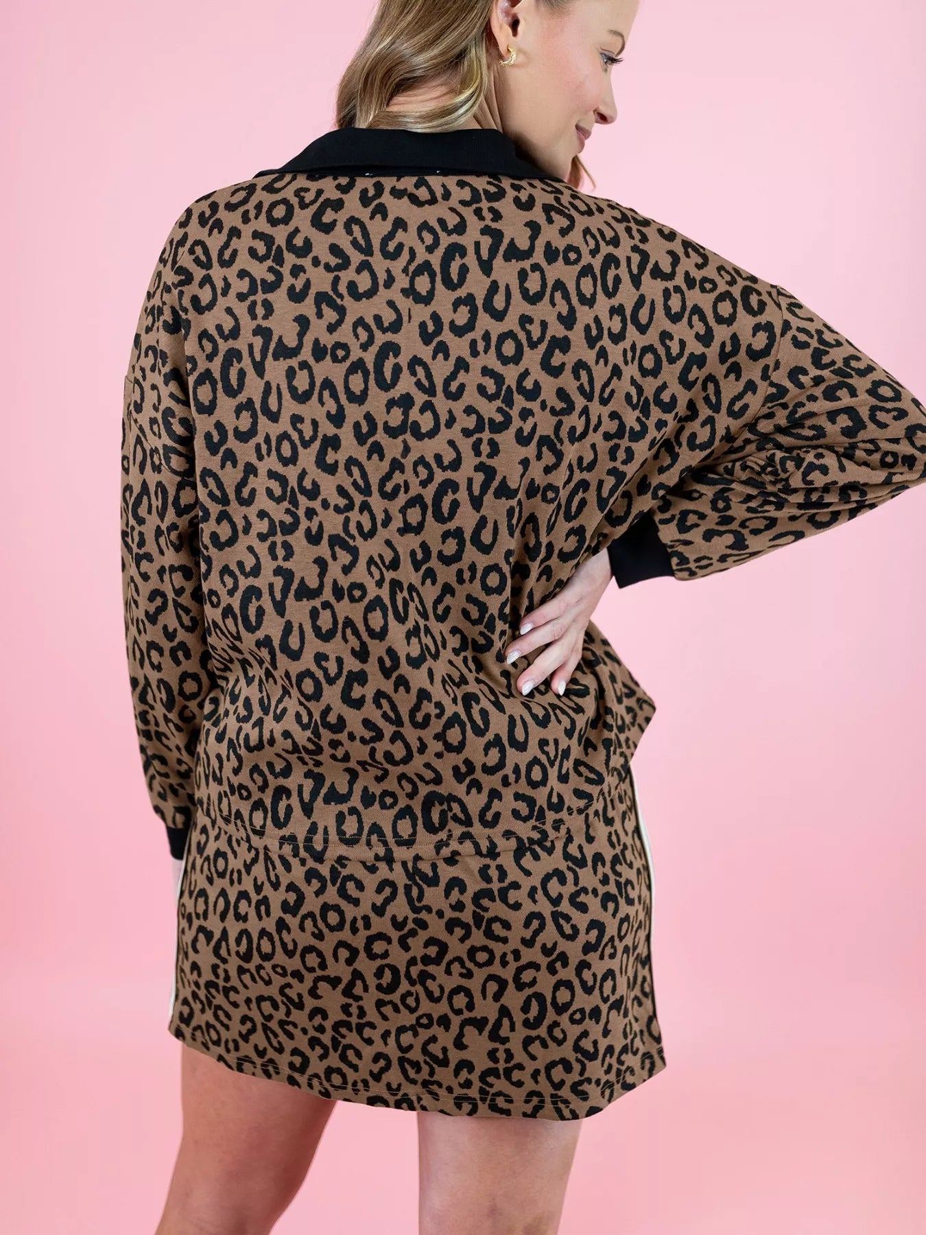 Leopard Print Half Zip Pullover & Drawstring Skirt Set Secondary image