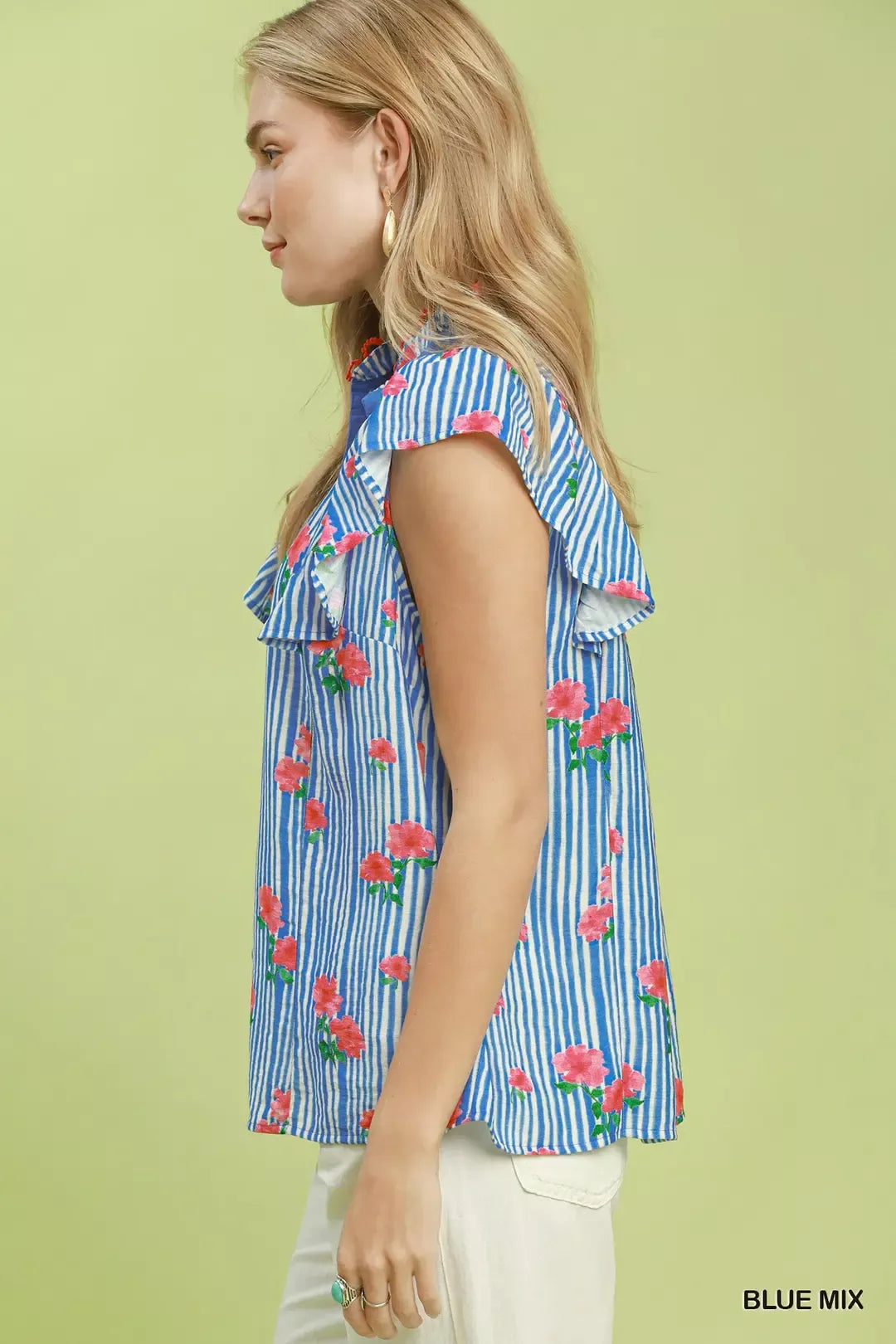 Umgee Striped Floral Ruffle Sleeve Top with Contrast Trim Secondary image