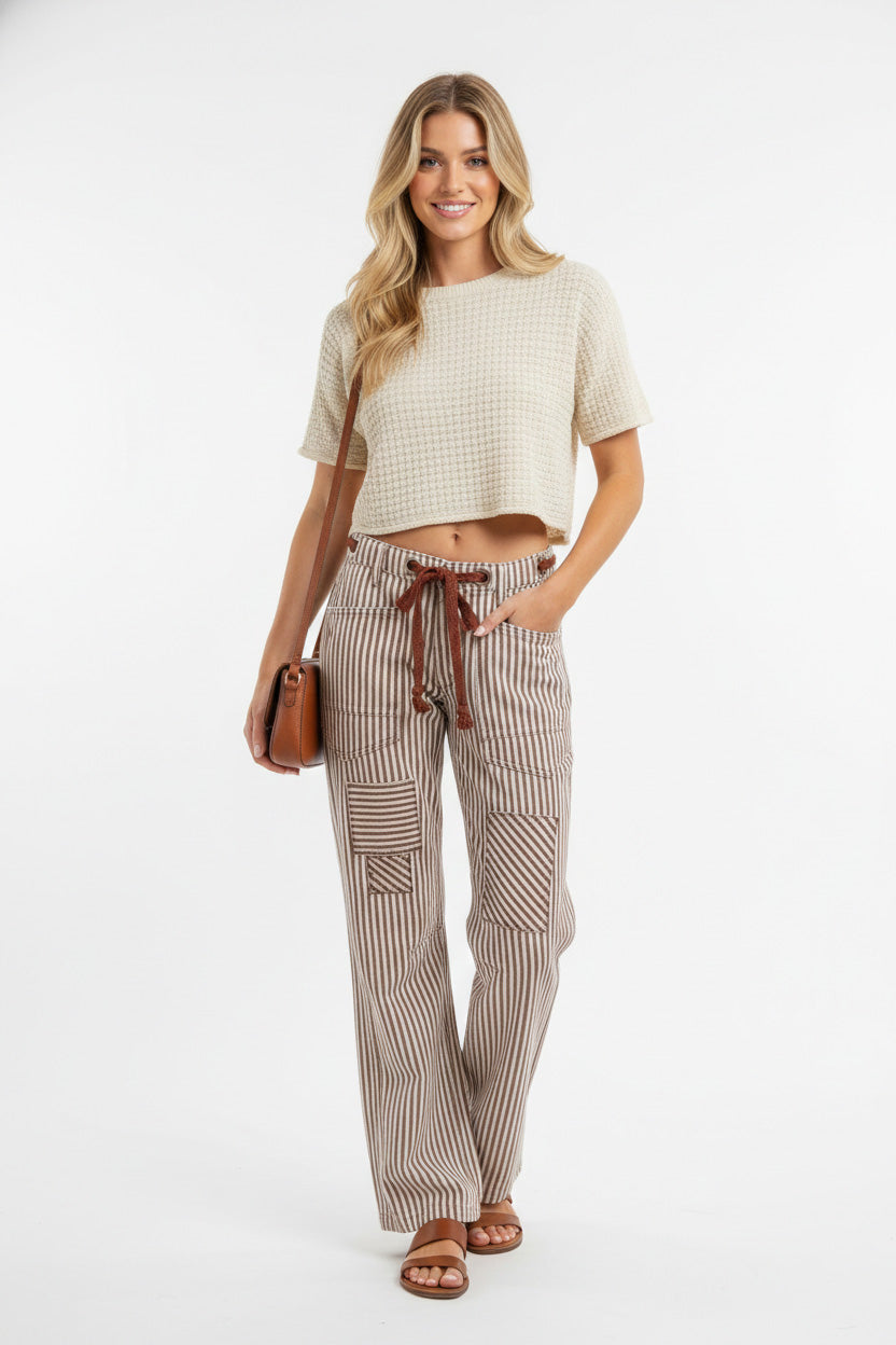 BiBi Drawstring Striped Twill Barrel Pants Secondary image