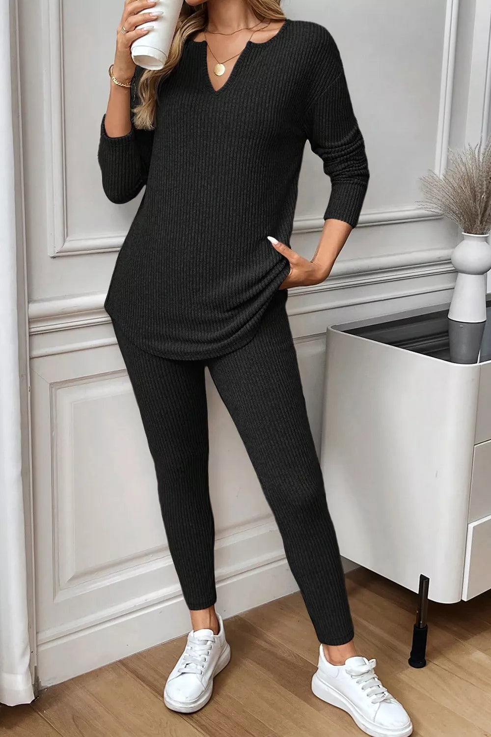 Notched Long Sleeve Top and Pants Set Secondary image
