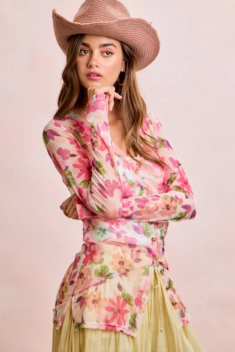 BiBi Floral Shrried Detail Button Up Mesh Cardigan Top Secondary image