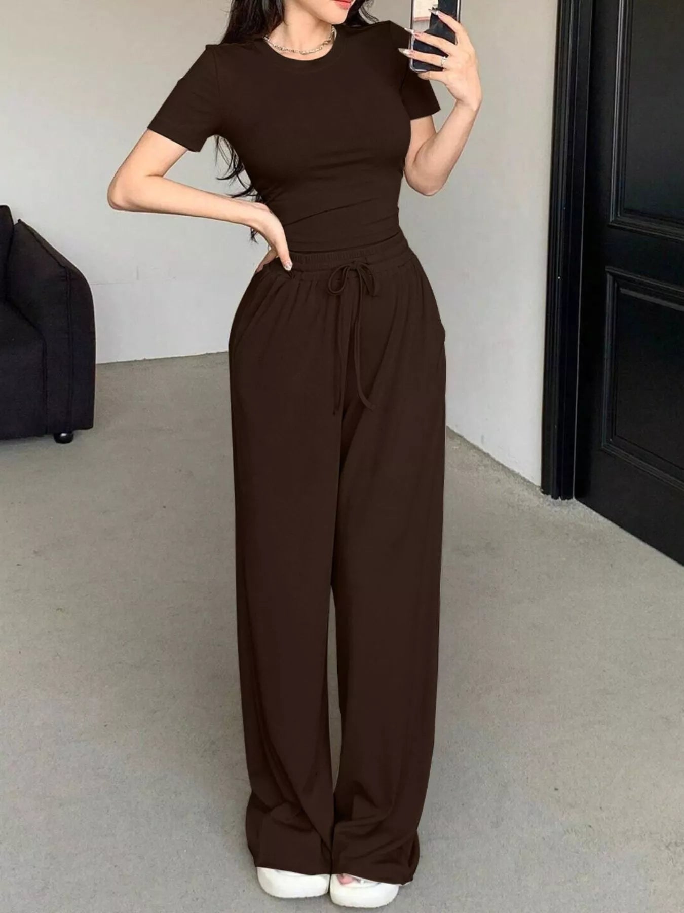 Solid Color Short Sleeve Crop Top and Wide Leg Pants Set Secondary image