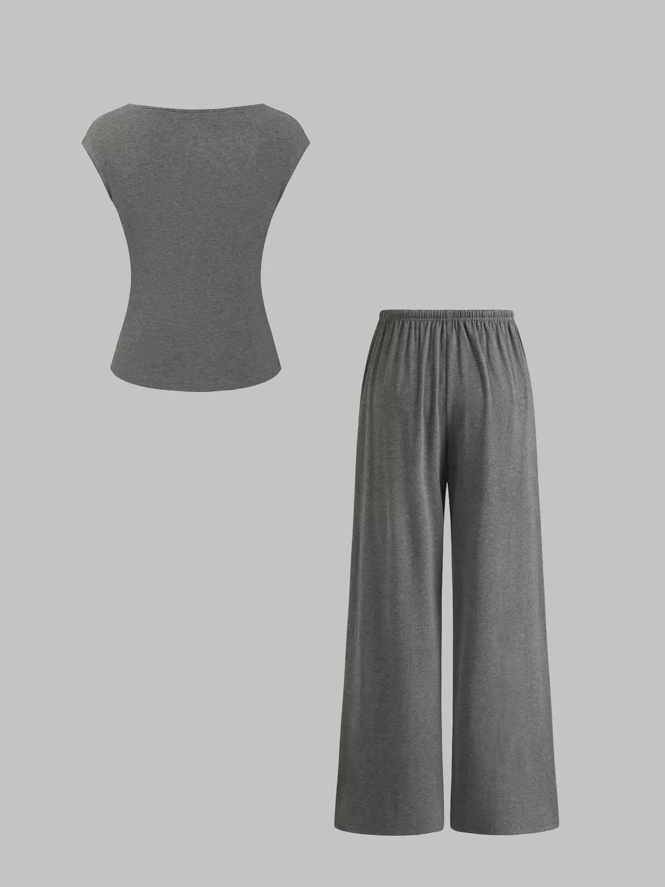 Casual Solid Color Top and Wide Leg Pants Set Secondary image