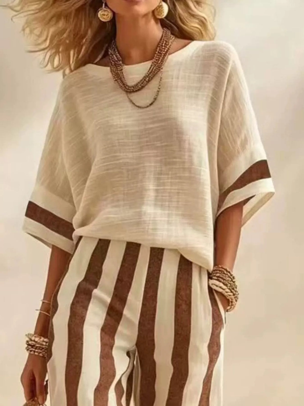 Full Size Striped Half Sleeve Top and Pants Set Plus Size - photo 8
