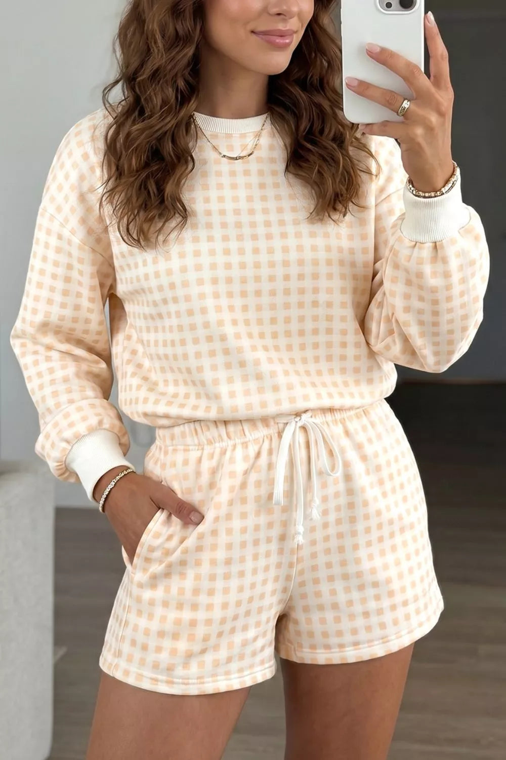 Gingham Long Sleeve Sweatshirt and Shorts Set – Pastel Yellow - photo 4
