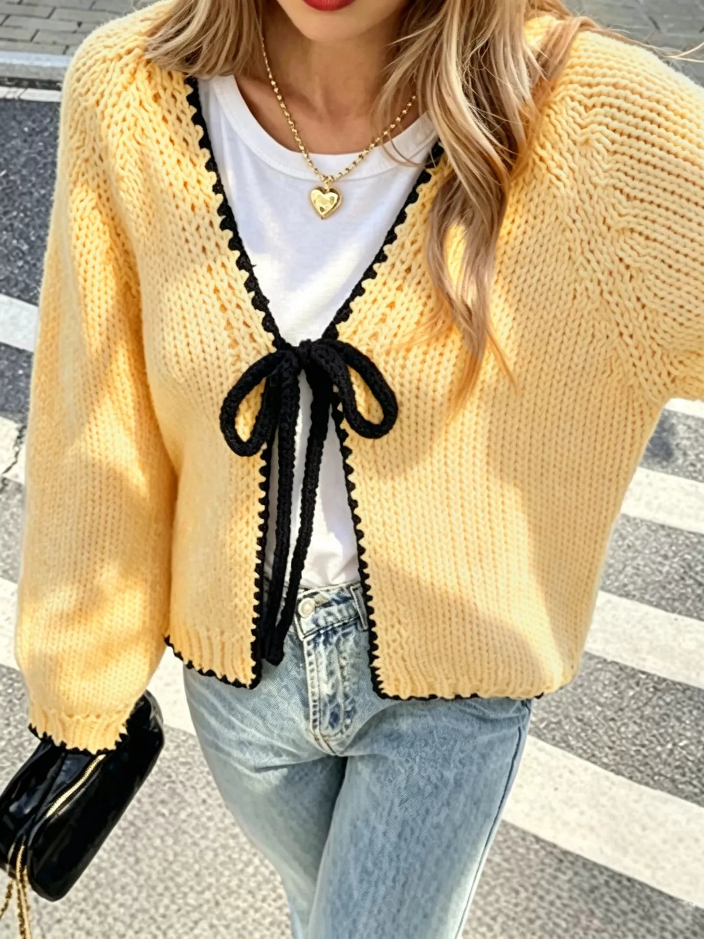 Full Size Chic Tie-Front Contrast-Trim Cardigan Plus Size Secondary image