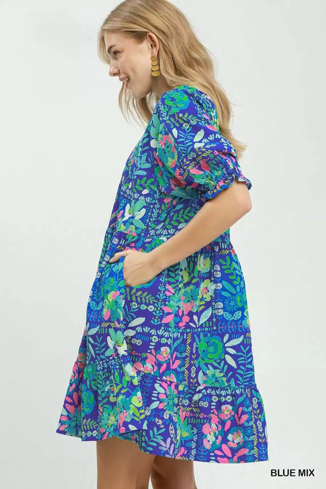 Umgee Mix Botanical Print Puff Sleeve Tiered Dress Secondary image