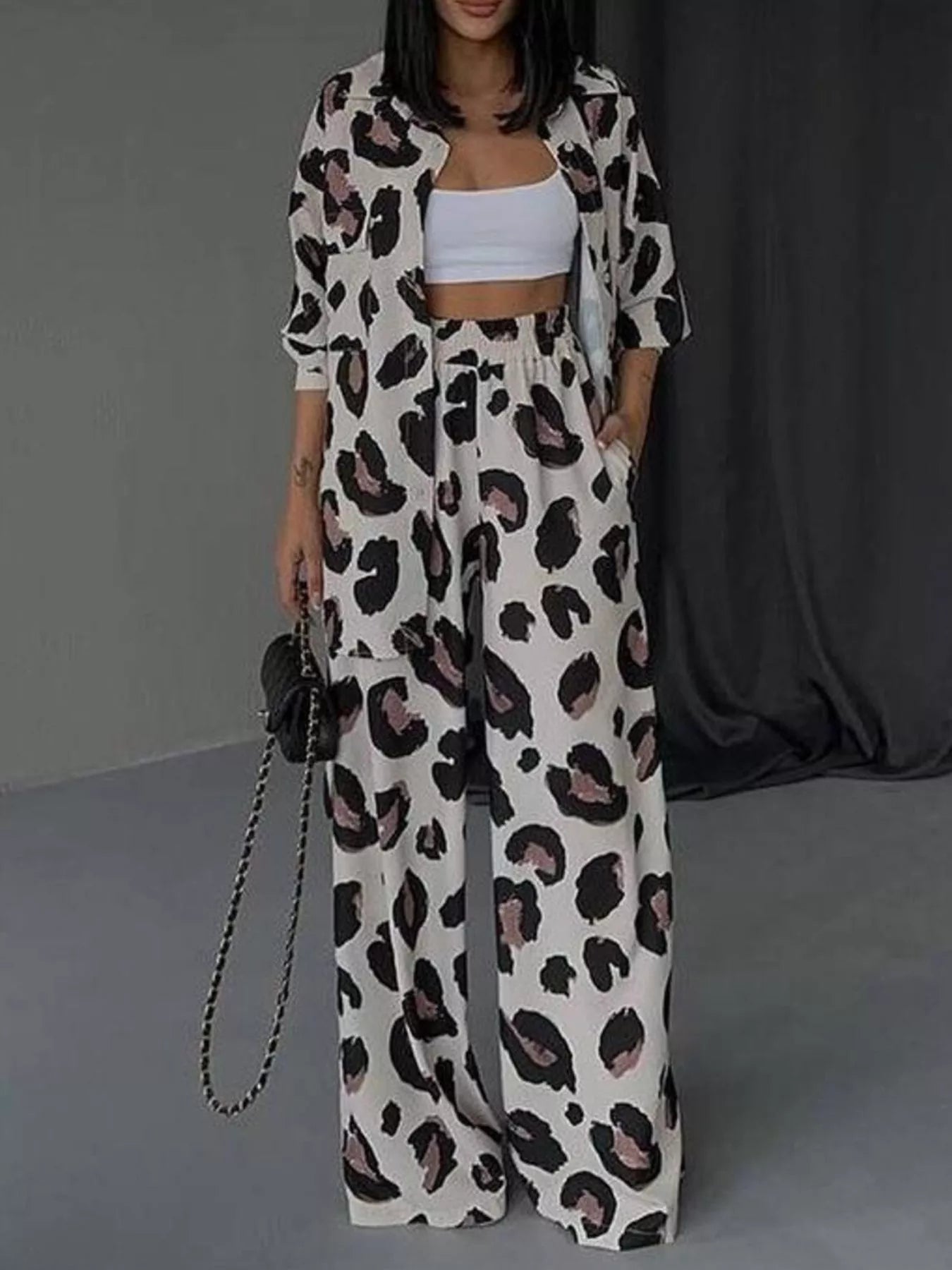 Leopard Print Relaxed Fit Shirt and Pants Two-Piece Set Secondary image