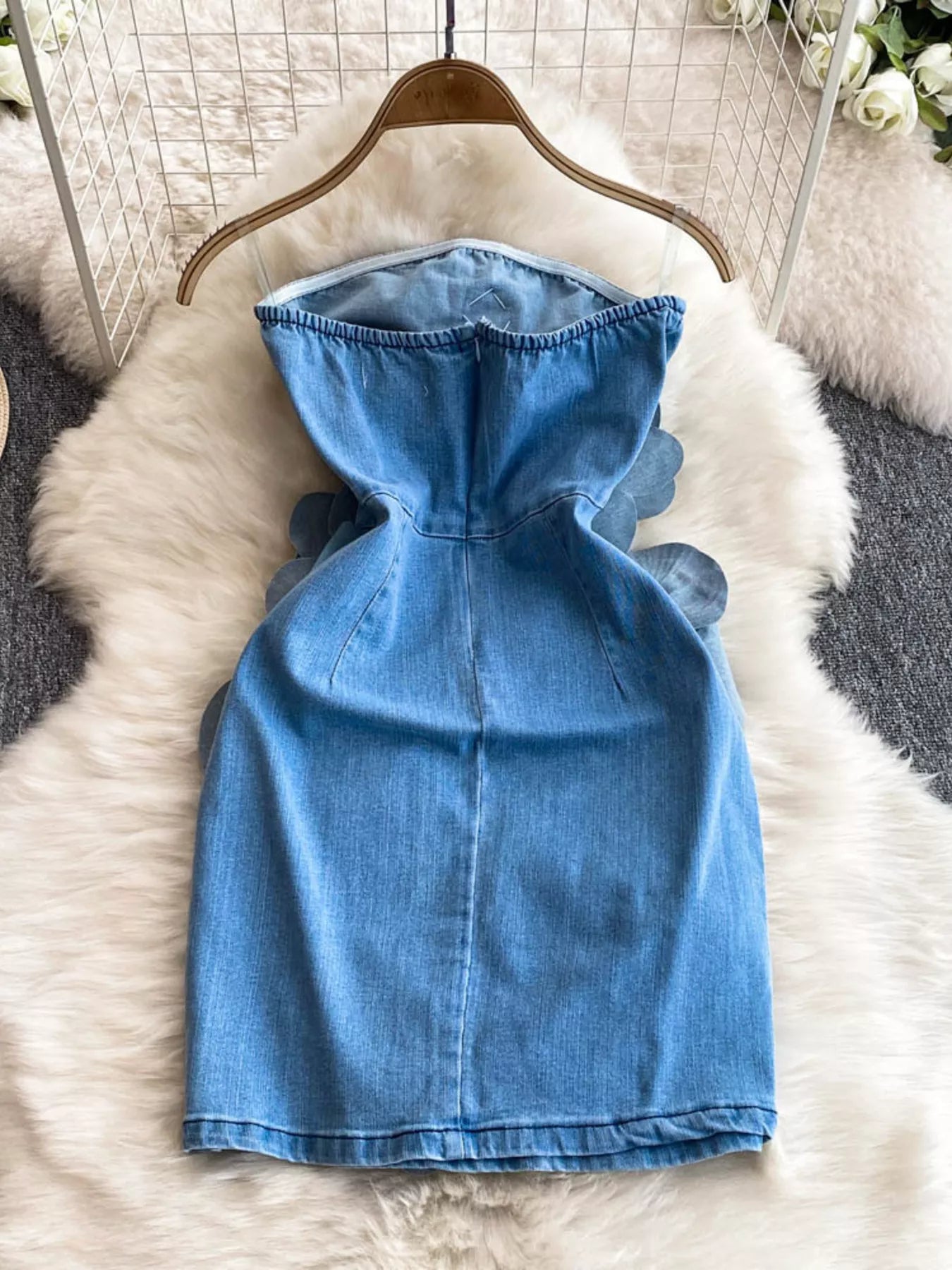 Floral Applique Strapless Denim Dress Secondary image