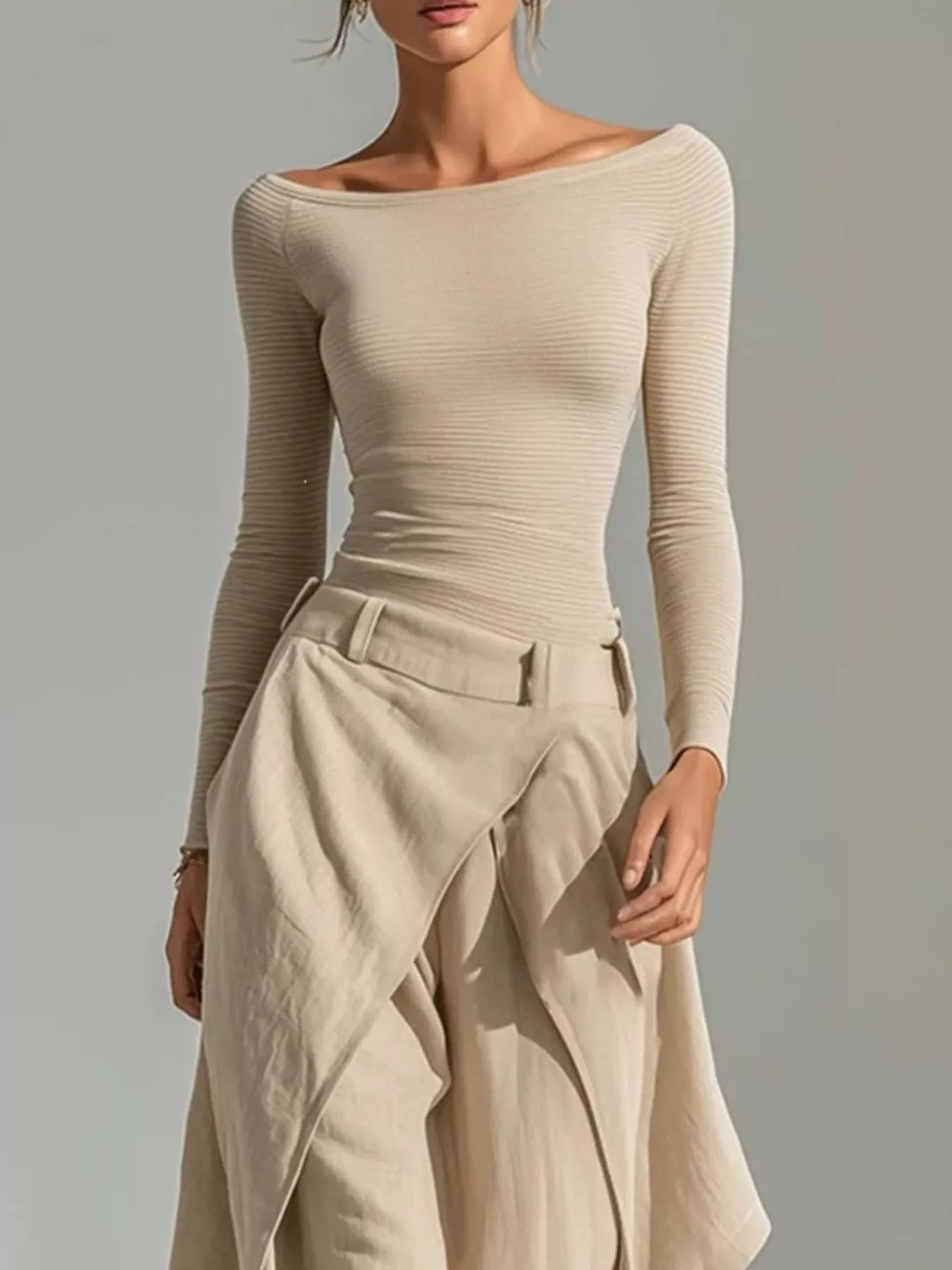 Boat Neck Long Sleeve Top and Asymmetrical Pants Set Secondary image