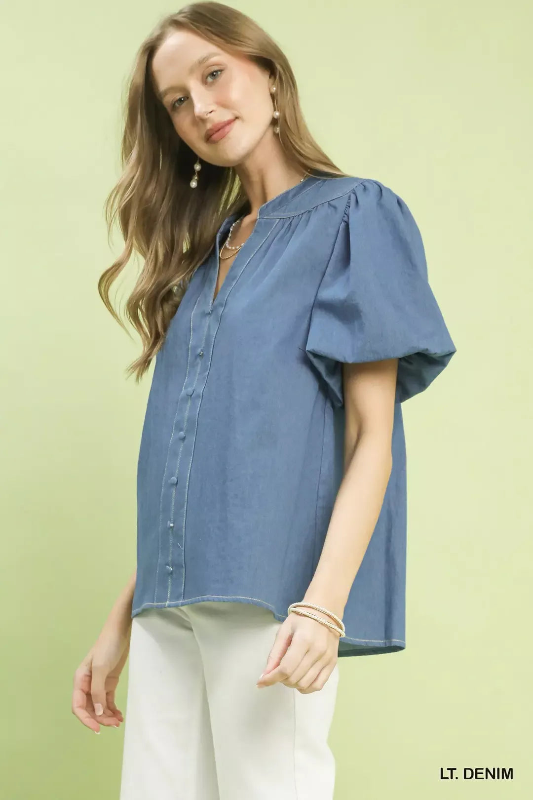 Umgee Denim Button Front Puff Sleeve Boho Blouse Secondary image