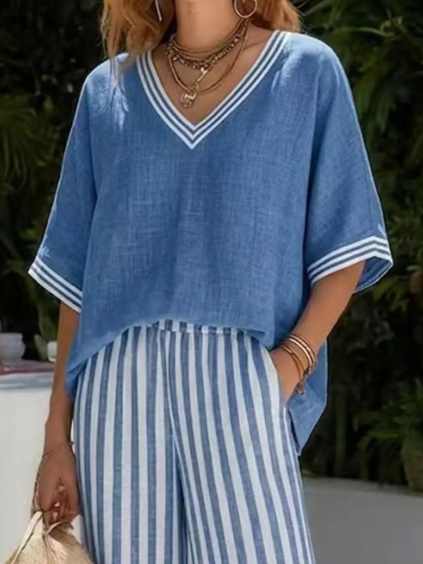 Full Size Striped V-Neck Top and Wide Leg Pants Set Plus Size Secondary image