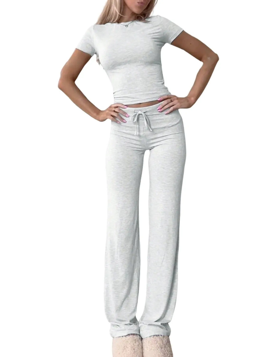 Round Neck Short Sleeve Top and Pants Set Secondary image