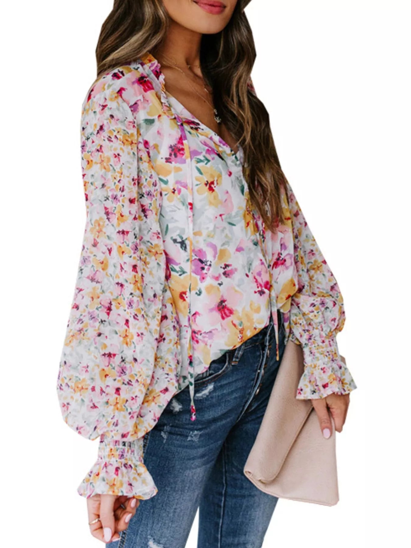 Full Size Floral Print Smocked Cuff Blouse Plus Size Secondary image
